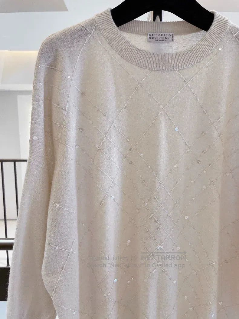Other Brunello Cucinelli Sequined Diamond Pattern Beige Cashmere Size S / US 4 / IT 40 - 3 Thumbnail