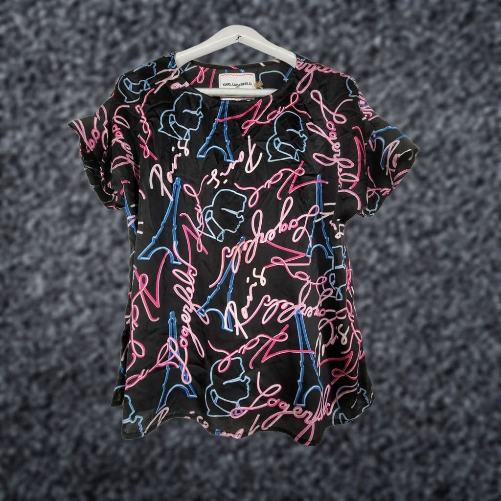 Karl Lagerfeld Karl Lagerfeld Women's Neon Print Round Neck Short Sleeve T-Shirt Black Large Size L / US 10 / IT 46 - 1 Thumbnail
