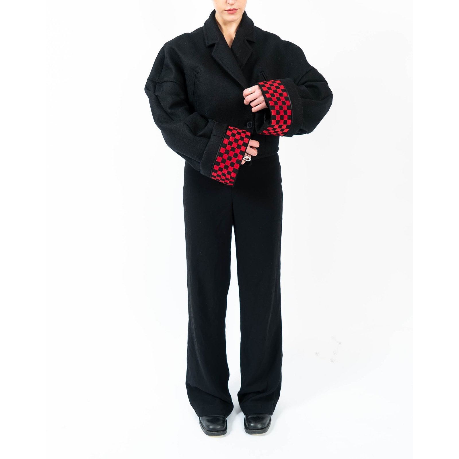 Haider Ackermann FW19 Cropped Overcoat in Black Wool with Checked Embroidery Size M / US 6-8 / IT 42-44 - 7 Thumbnail