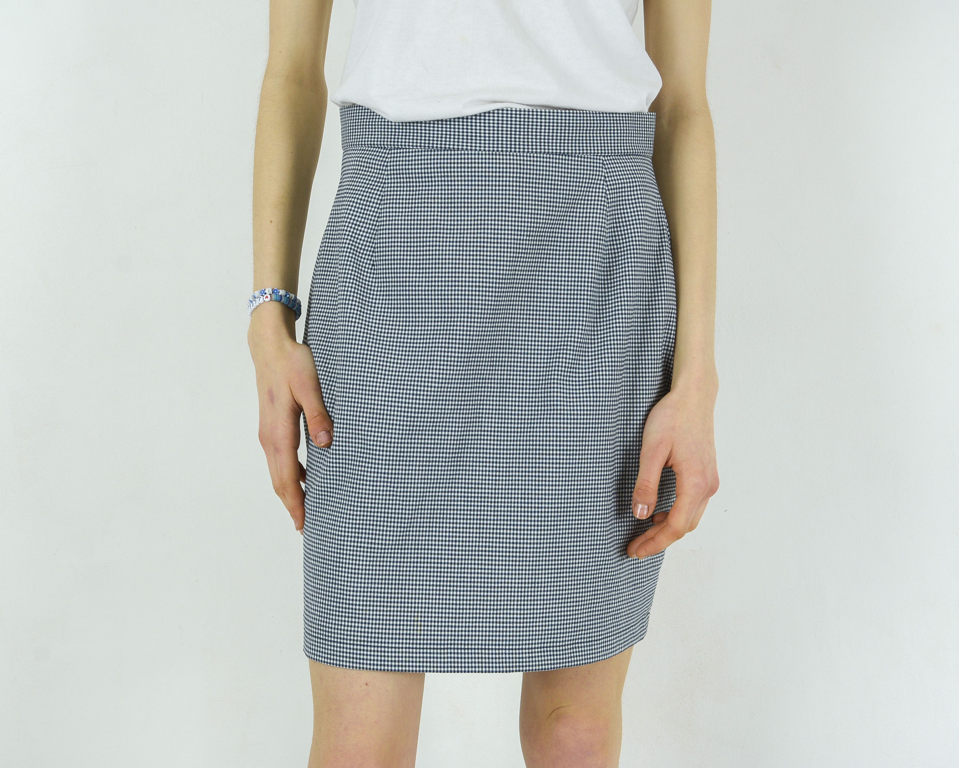 Other × Vintage VESTINO Plaid Mini Pencil Skirt Check Above The Knee Black Size 29" - 4 Thumbnail