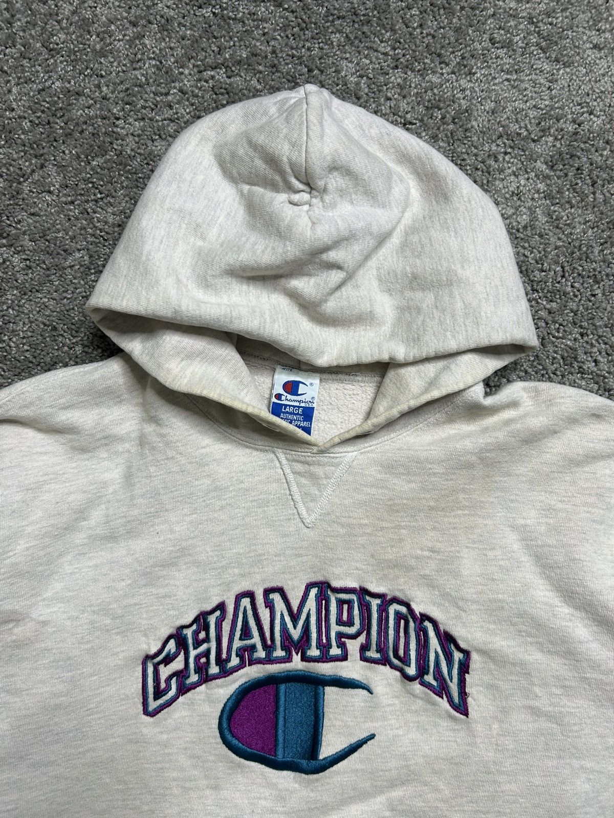 Champion Vintage 90s Champion Sweatshirt Hoodie Spellout Grey USA Size US L / EU 52-54 / 3 - 2 Thumbnail