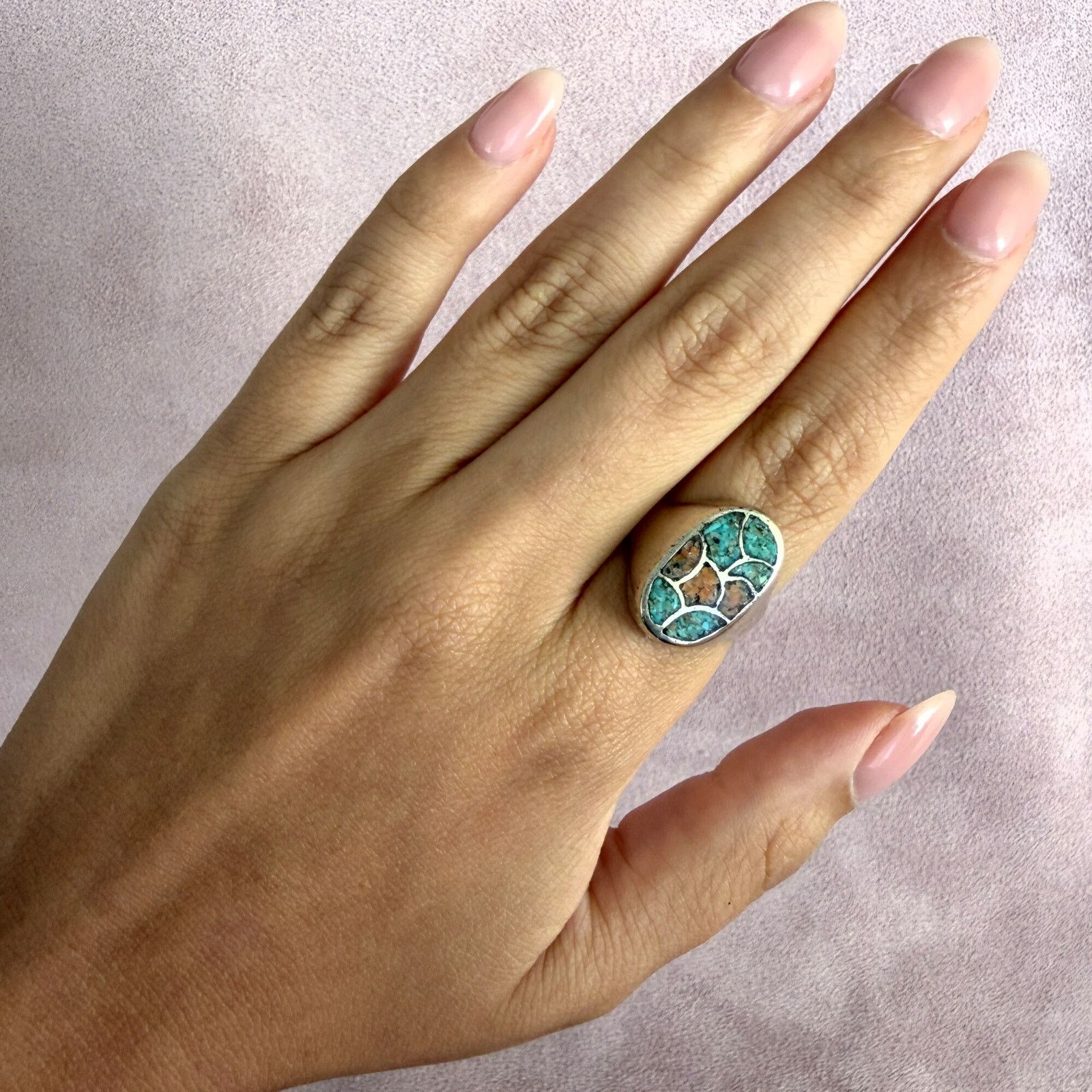 Native navajo sterling silver turquoise & coral signet ring size 9 Size ONE SIZE - 2 Thumbnail
