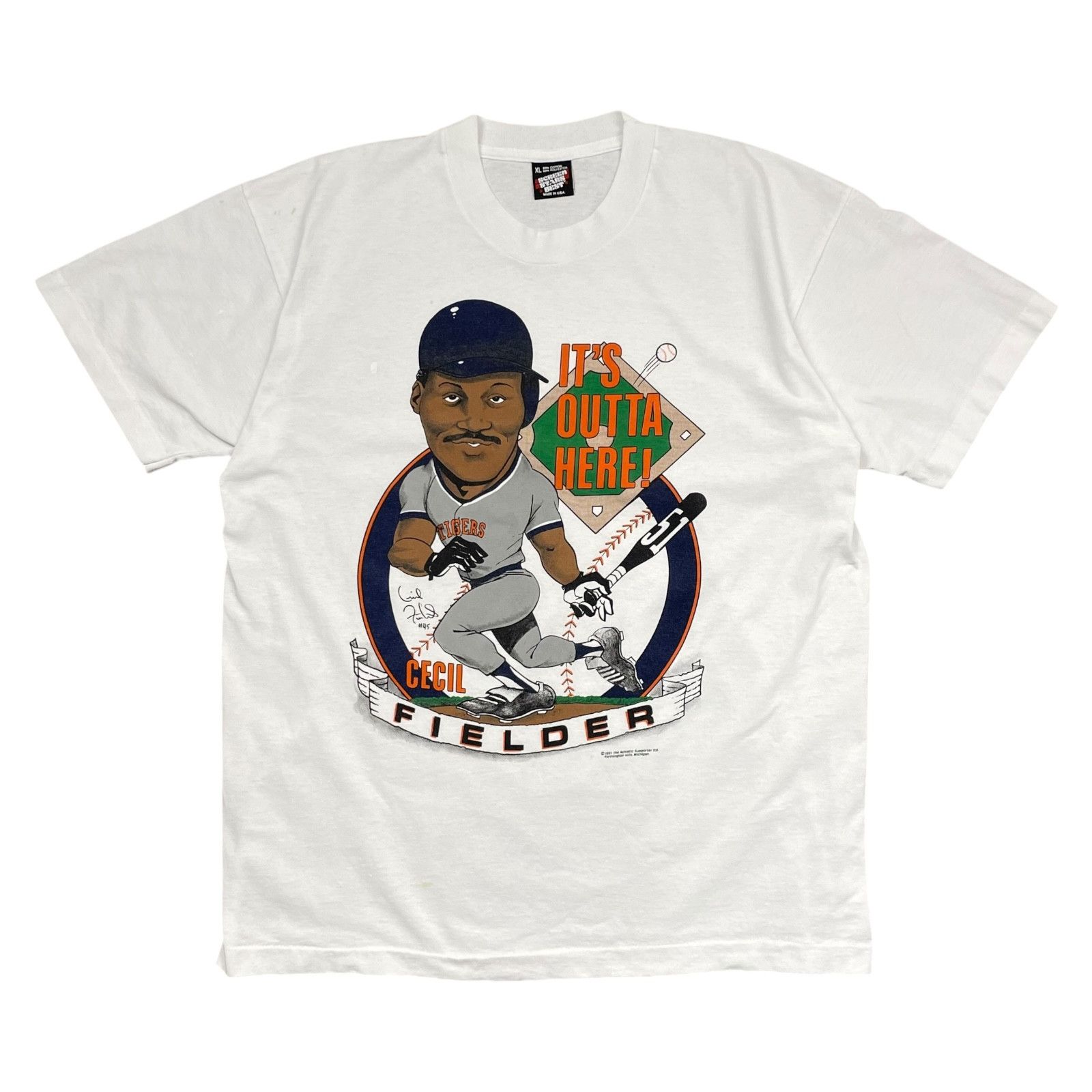 MLB VTG 90s DETROIT TIGERS CECIL FIELDER CARICATURE T-SHIRT 1991 Size US XL / EU 56 / 4 - 1 Thumbnail