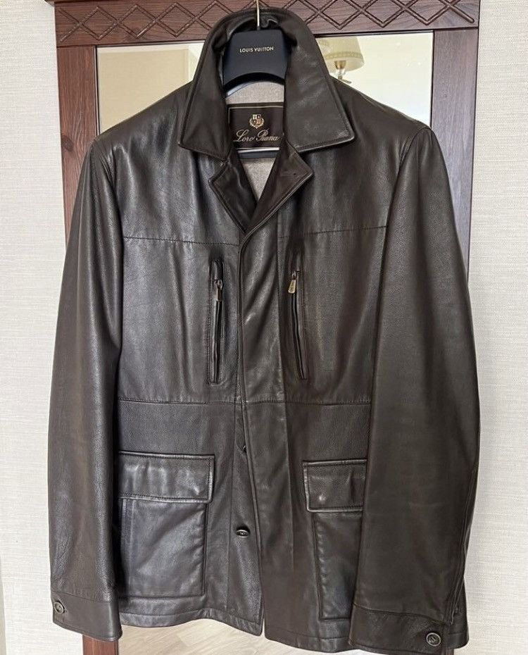 image of Loro Piana Leather Calfskin Biker Cashmere Pocket Jacket in Brown, Men's (Size XL)