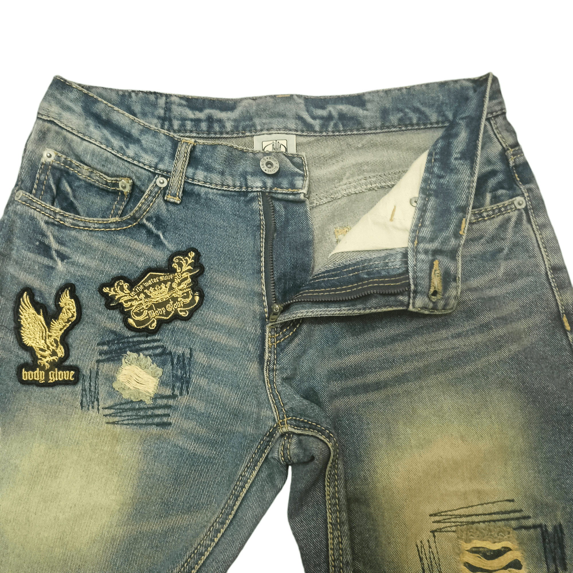 Body Glove × Japanese Brand Body glove distressed thrashed flare jeans patches patchwork Size US 31 - 4 Thumbnail