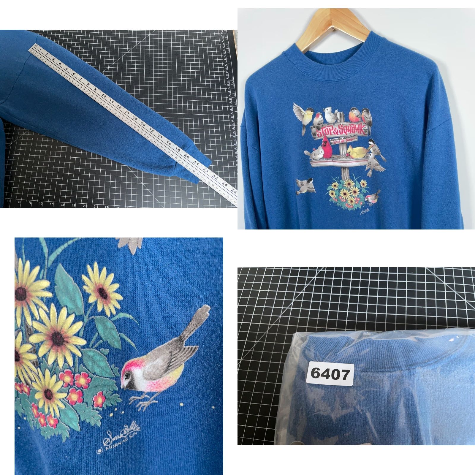 Vintage Morning Sun Grandma Bird Sweatshirt Women's XL Blue Crewneck Double Sided Flower Size XL / US 12-14 / IT 48-50 - 8 Thumbnail
