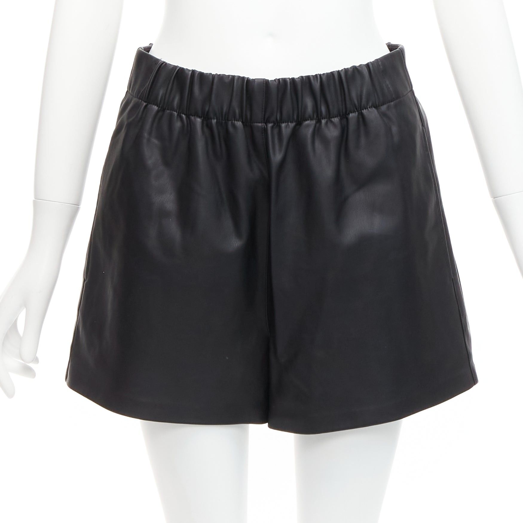 image of Tibi Black Vegan Leather Elasticated Waist Pocketed Mini Shorts Xs, Women's (Size 27)