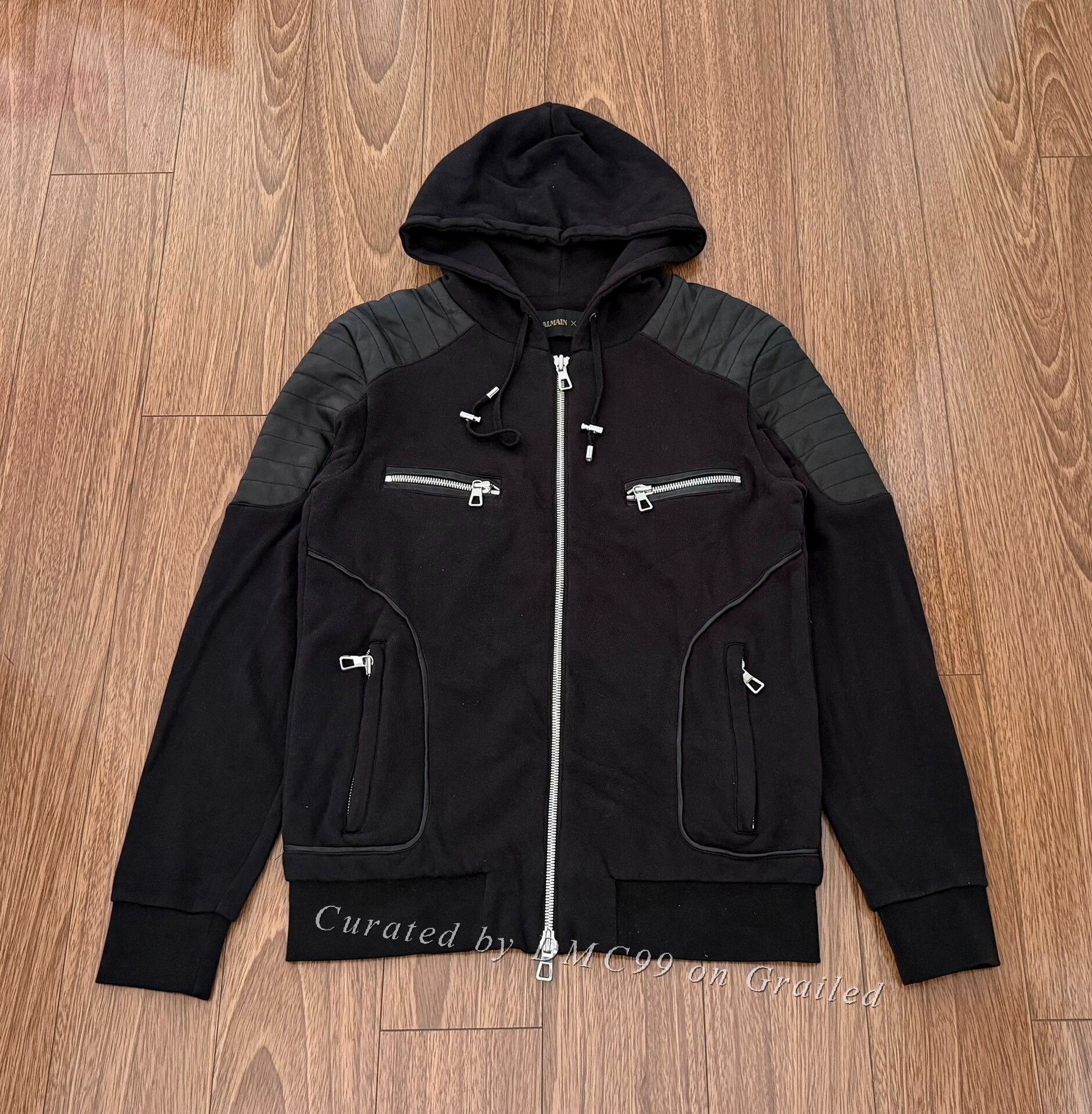 【美品】BALMAIN × H＆Mコラボ　フルジップパーカー Balmain Balmain x H&M Black Zip Biker Hoodie Immaculate Cond