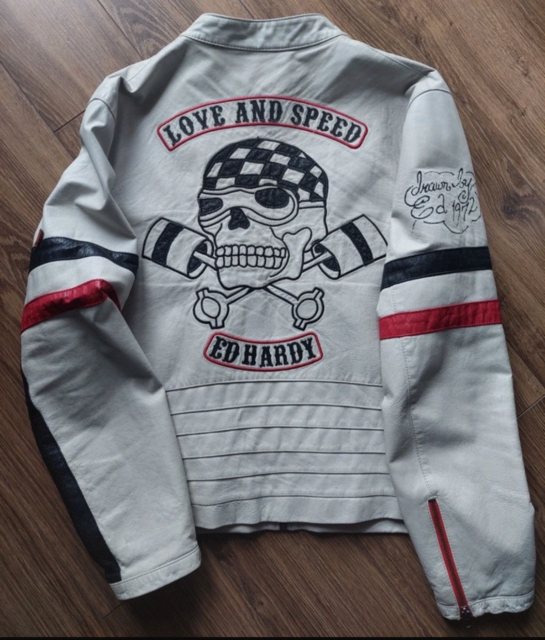 image of Vintage Y2K Ed Hardy Leather Racing Moto Jacket in White, Men's (Size XL)