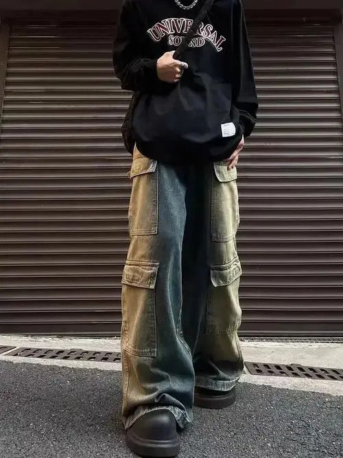 Jean Yellow mud-dyed gradient velcro large pocket cargo jeans Size US 32 / EU 48 - 2 Thumbnail