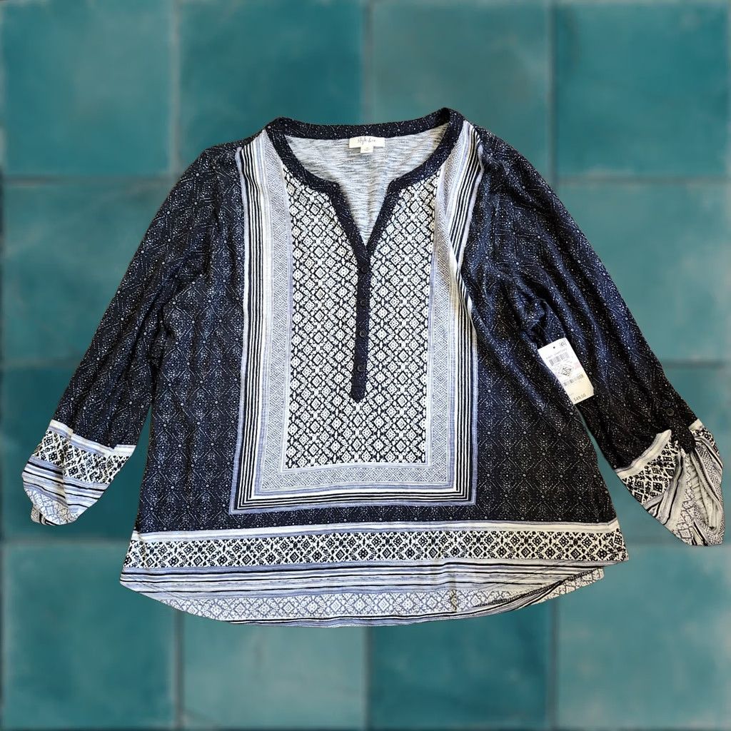 Style & Co Style & Co Women's Mixed-Print Split-Neck Tab-Sleeve Top Black 1X NWT Regular Beaded Cotton & Modal Casual Shirt Women Size XL / US 12-14 / IT 48-50 - 1 Thumbnail