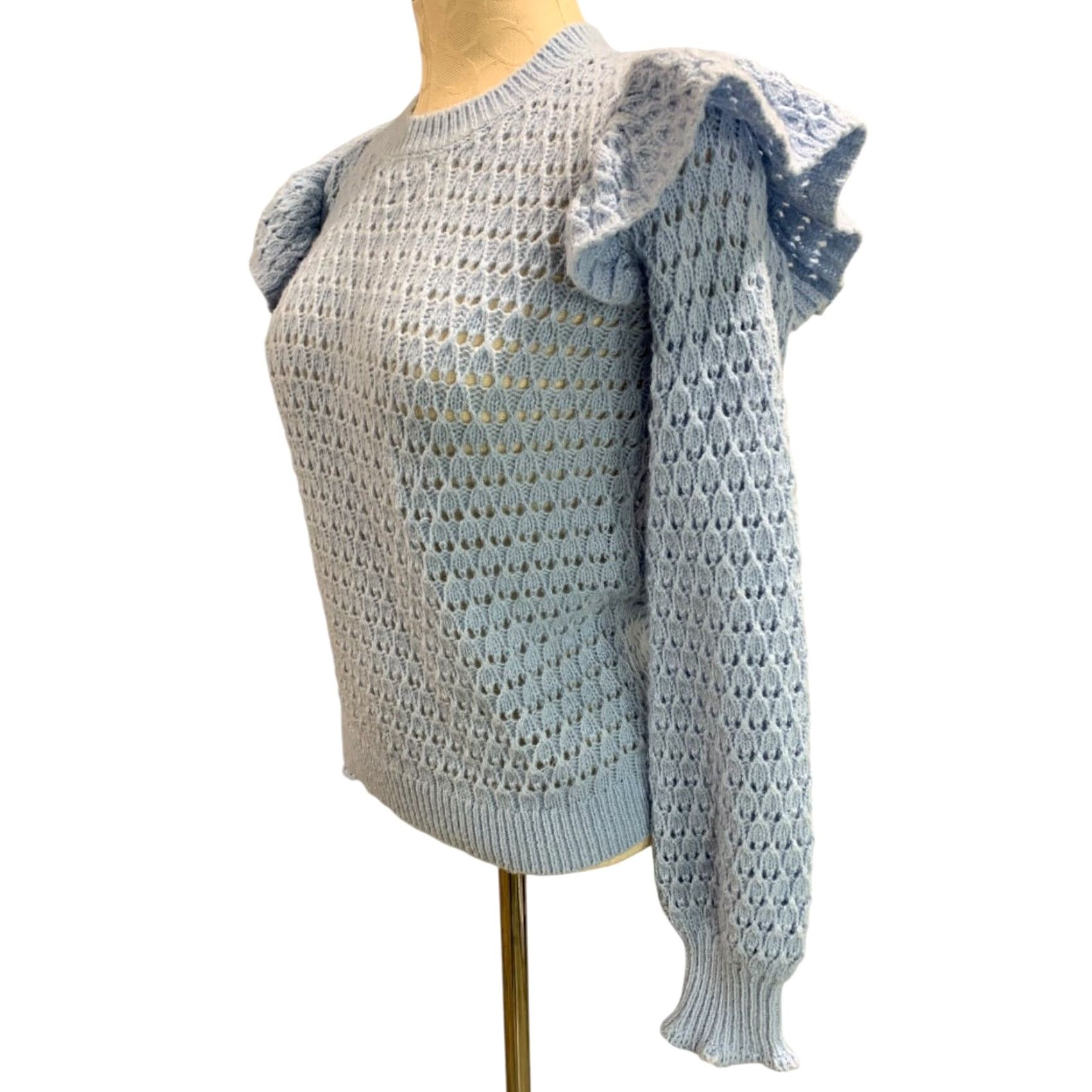 Loft VINTAGE Loft XS Womens Blue Open Weave Sweater Ruffle Shoulder Pullover Size XS / US 0-2 / IT 36-38 - 3 Thumbnail