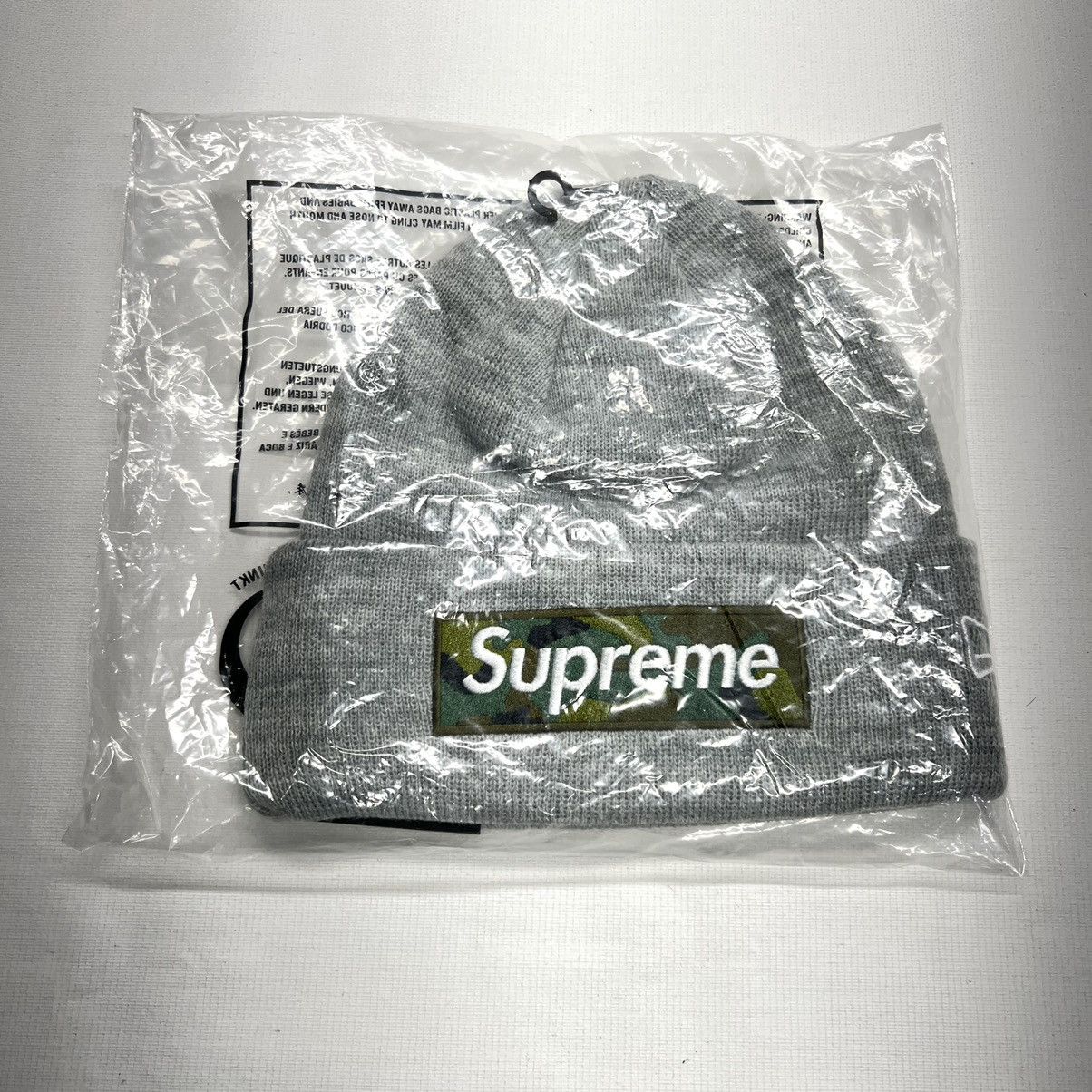 NEW Supreme New Era Box Logo Beanie FW23 Heather Grey Camo