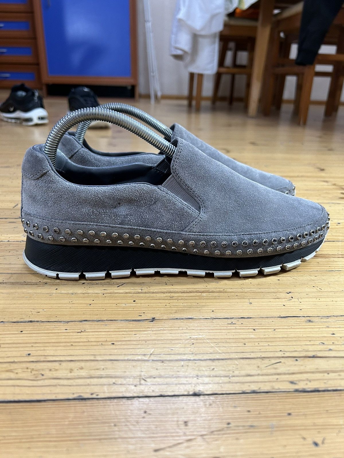 Prada Grey Nabuc loafers with diamonds detail’s