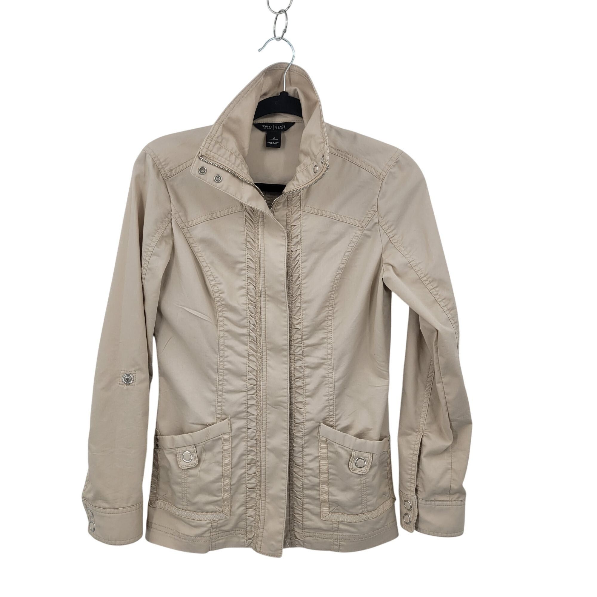 White House Black Market WHBM Womens Cream Lightweight Jacket 2 Ruched Cotton Zip Ne Size S / US 4 / IT 40 - 12 Thumbnail