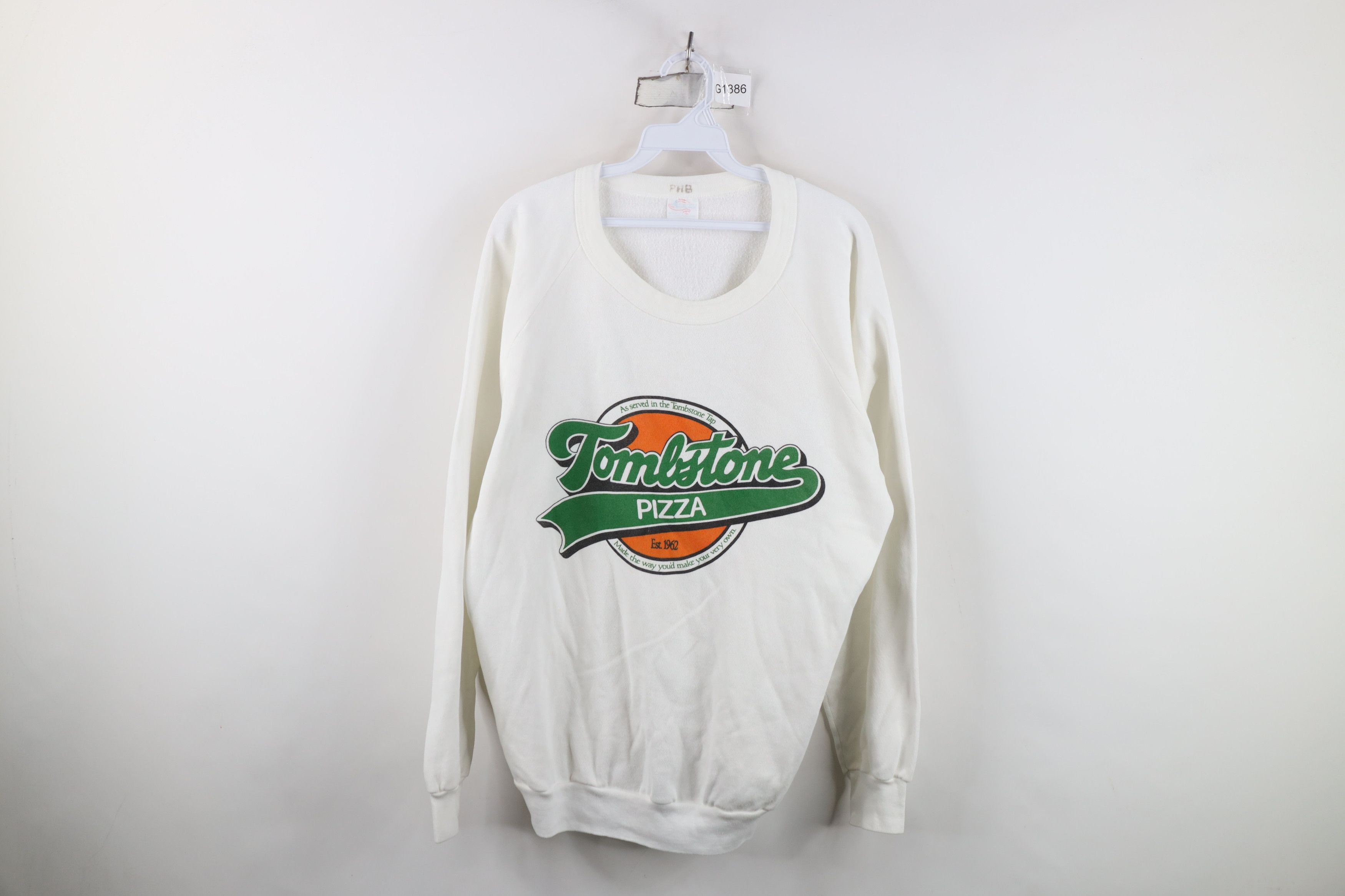 Vintage Vintage 80s 90s Spell Tombstone Pizza Sweatshirt White USA Size XL / US 12-14 / IT 48-50 - 1 Thumbnail