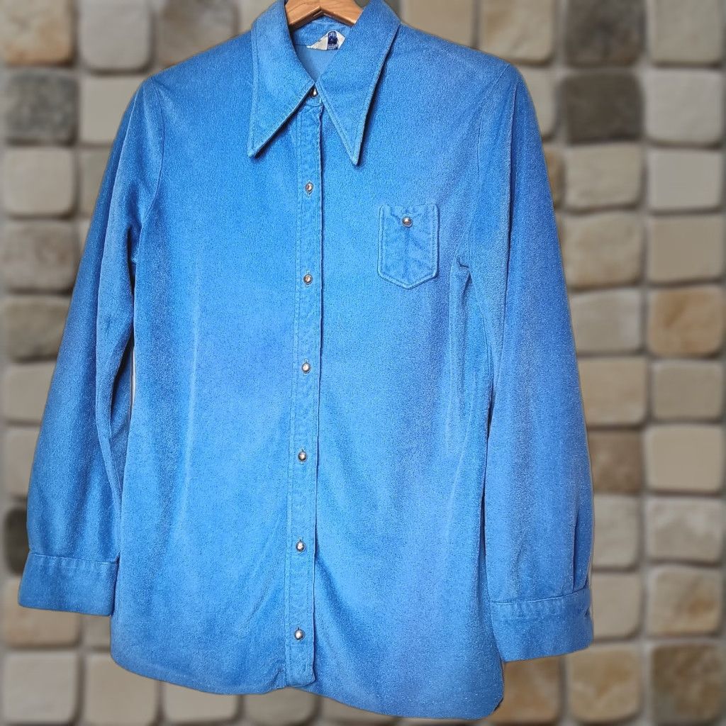 Velour VINTAGE Cracker Barrel Shirt Women L Velour Button Down Blue 1970s Disco Casual Flaws Women L Size L / US 10 / IT 46 - 1 Thumbnail