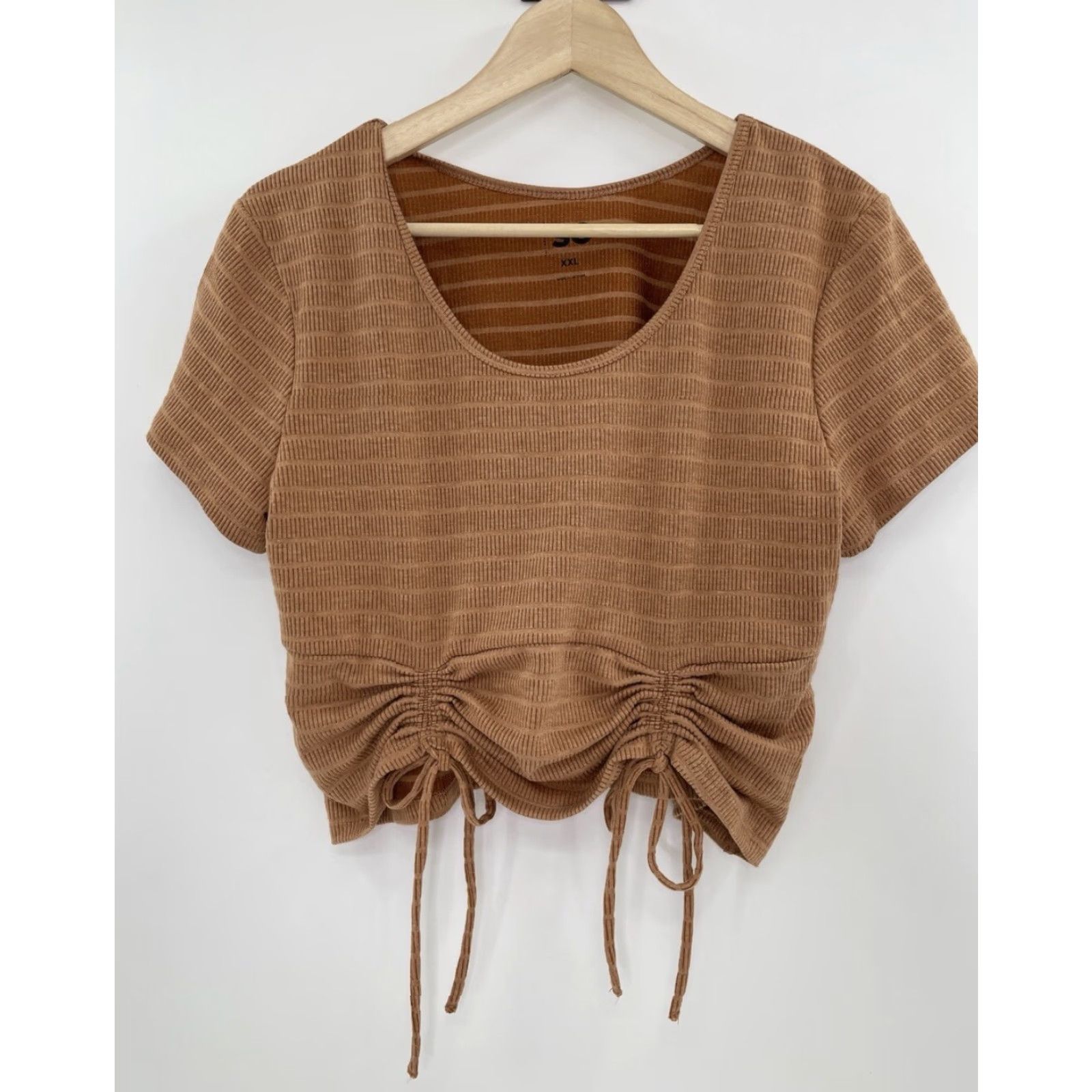 Camel SO Cropped Blouse Shirt Womens 2XL Cap Sleeve Striped Brown Boho Cropped Tie String Stretch Sleeveless? Size XXL / US 16-18 / IT 52-54 - 2 Thumbnail