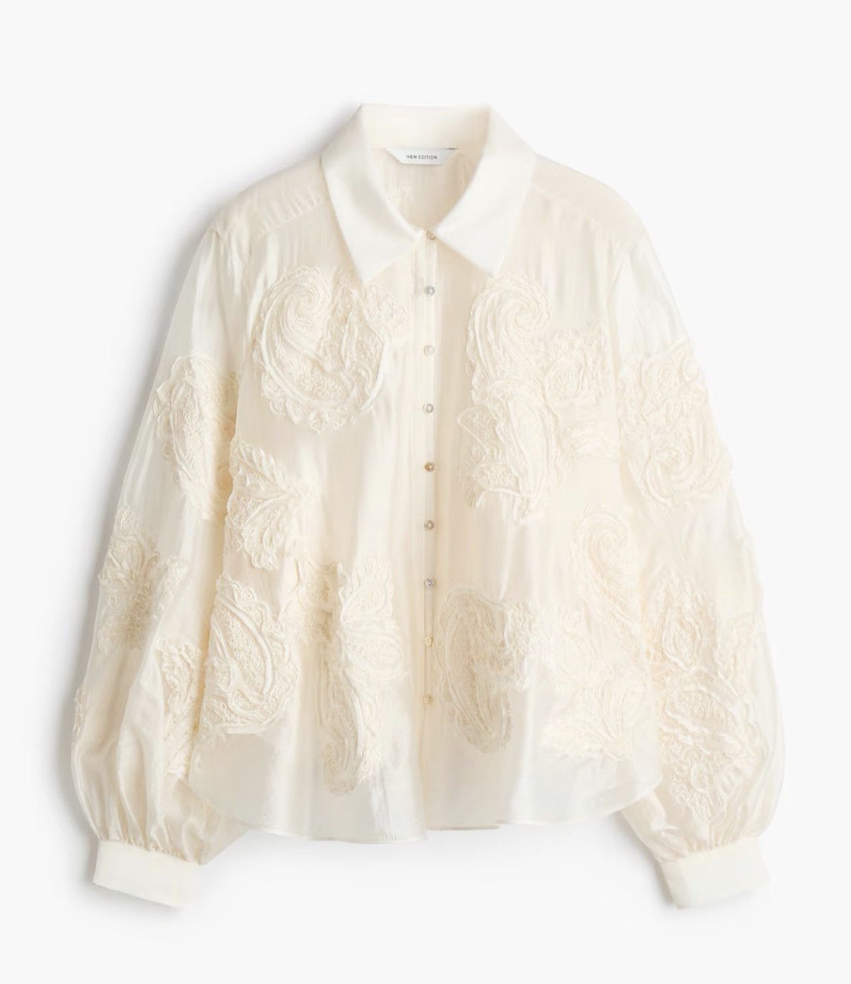 H&M H&M Cream Embroidered Semi-sheer Beaded Button-up Blouse Size S / US 4 / IT 40 - 5 Thumbnail