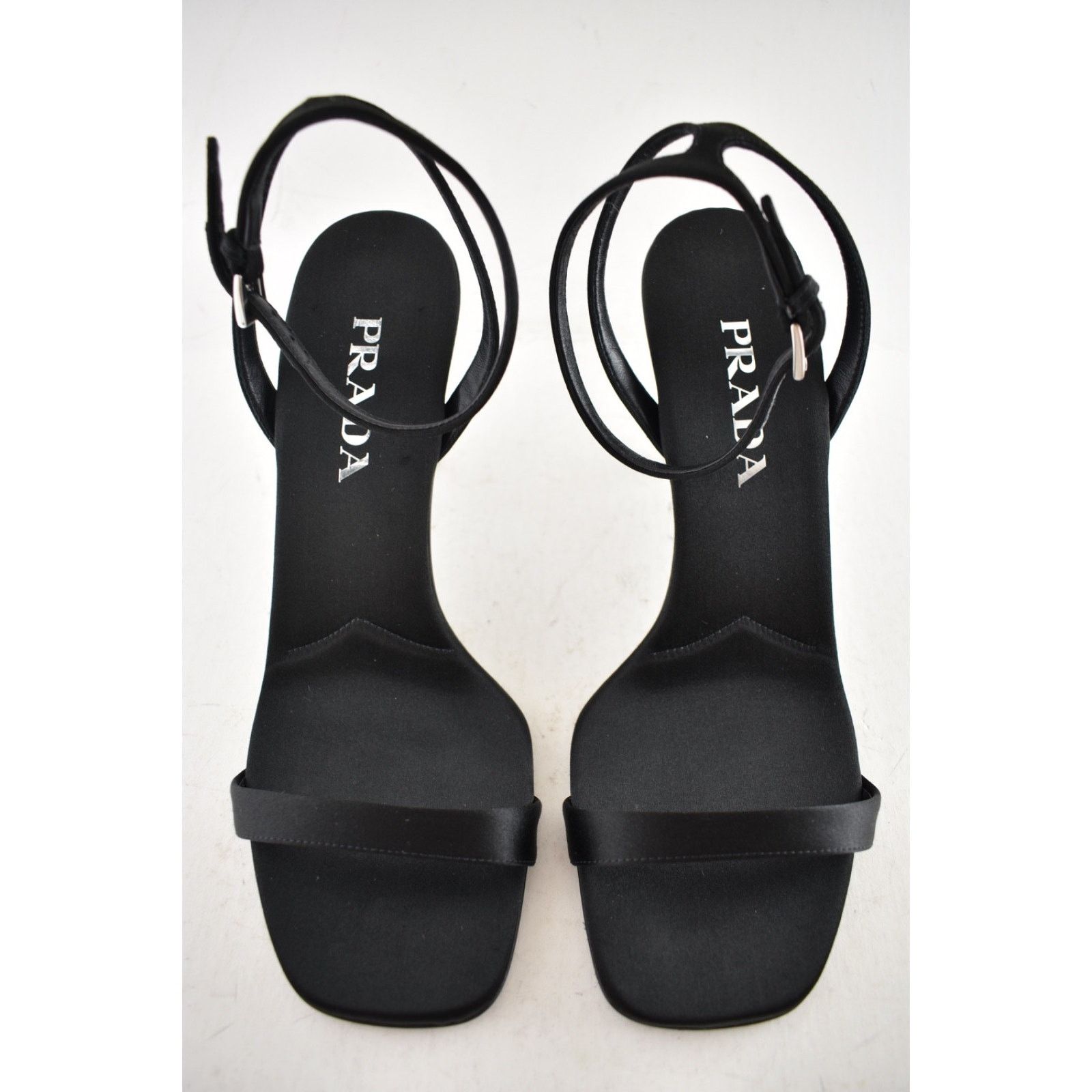 Prada Prada 85mm Black Satin Logo Geometric Heel Sandal 39 Size US 9 / IT 39 - 9 Thumbnail