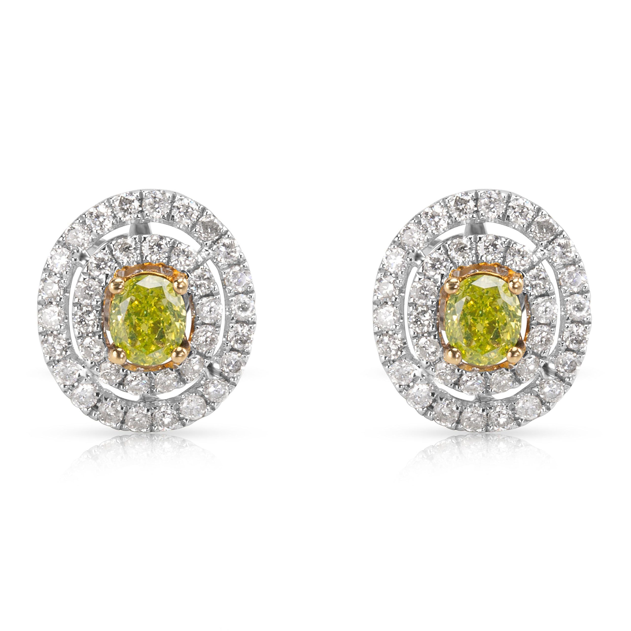 image of Yellow Diamond Halo Earrings In 18K 2 Tone Gold (1.18 Ctw), Women's