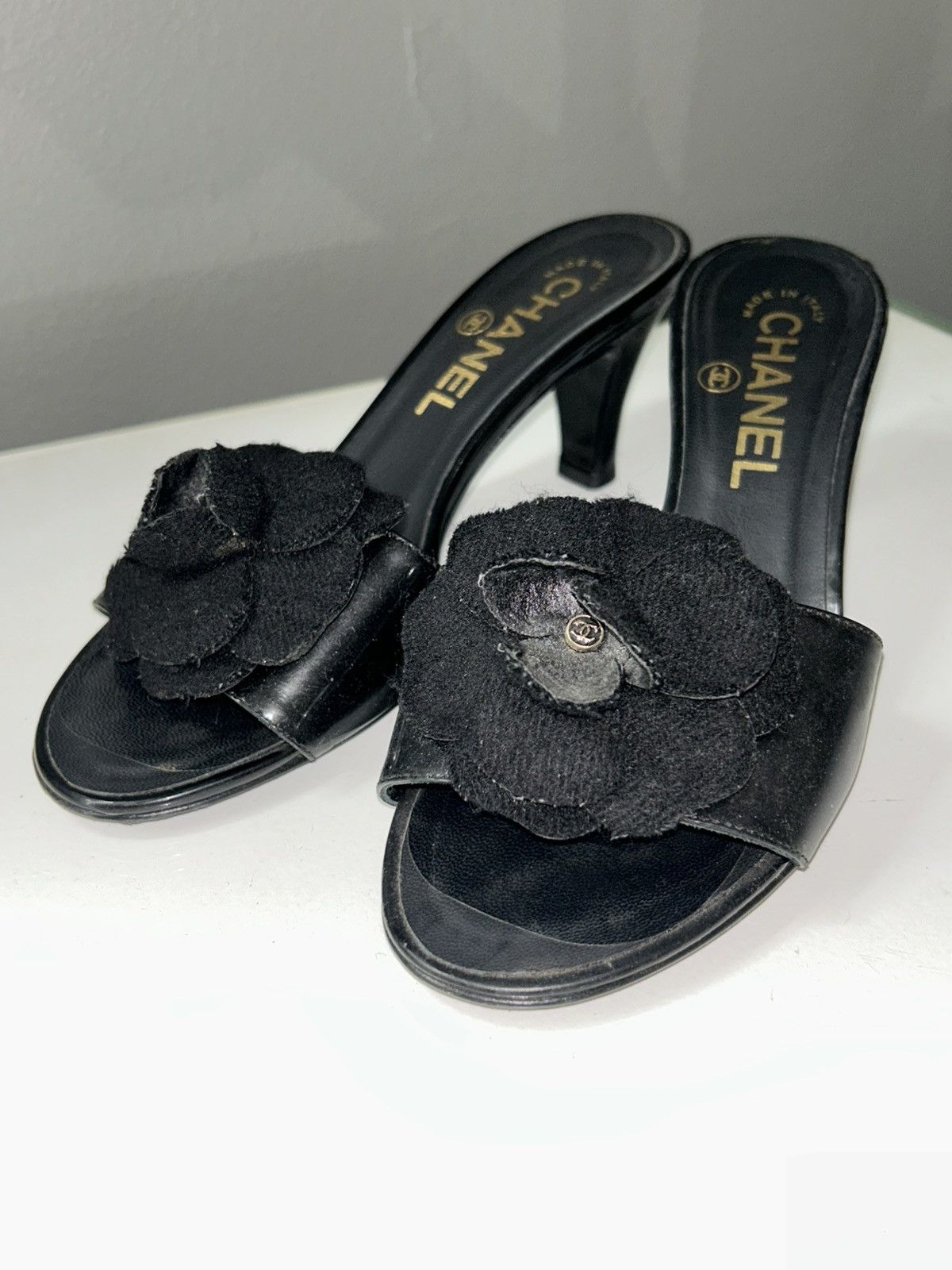 Chanel Chanel Black Camellia Embellished Peep Toe Heels size 34 1/2 Size US 4.5 / IT 34.5 - 7 Thumbnail