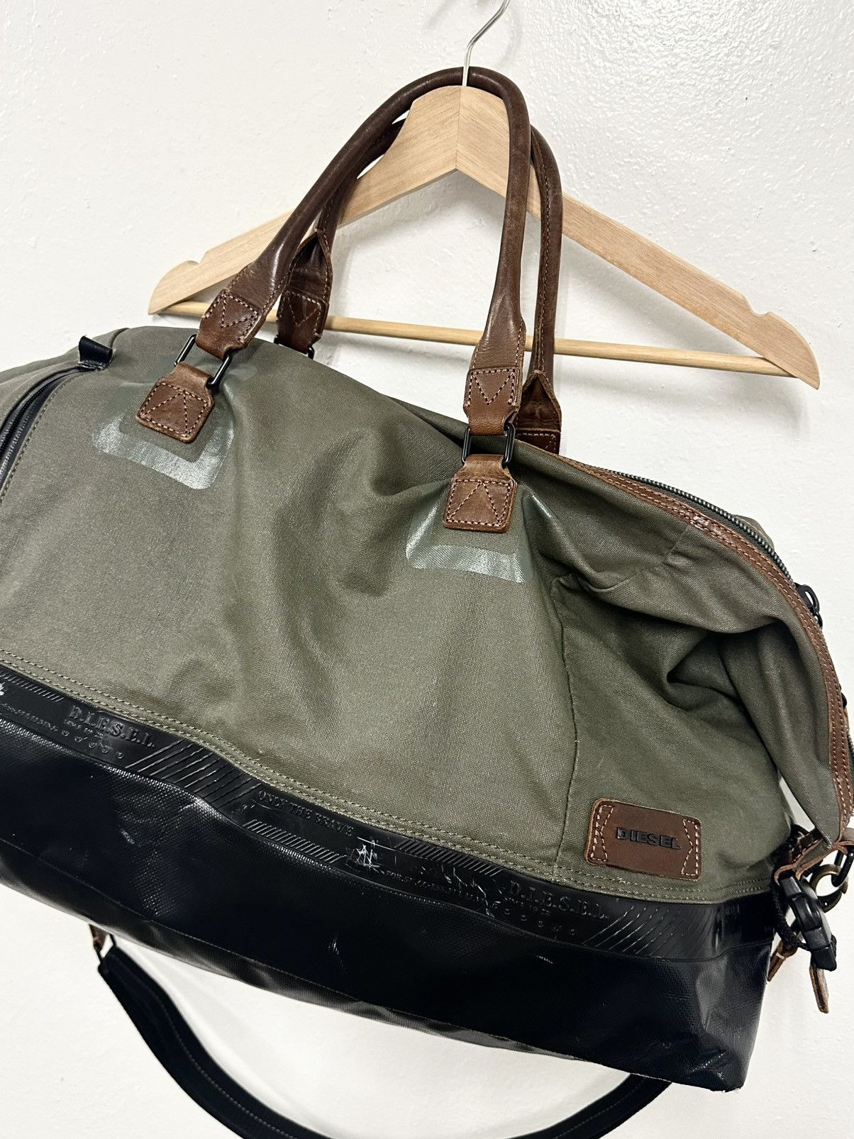 Diesel VTG Diesel Army Green Khaki Leather Trim Travel Duffle Bag Size ONE SIZE - 4 Thumbnail