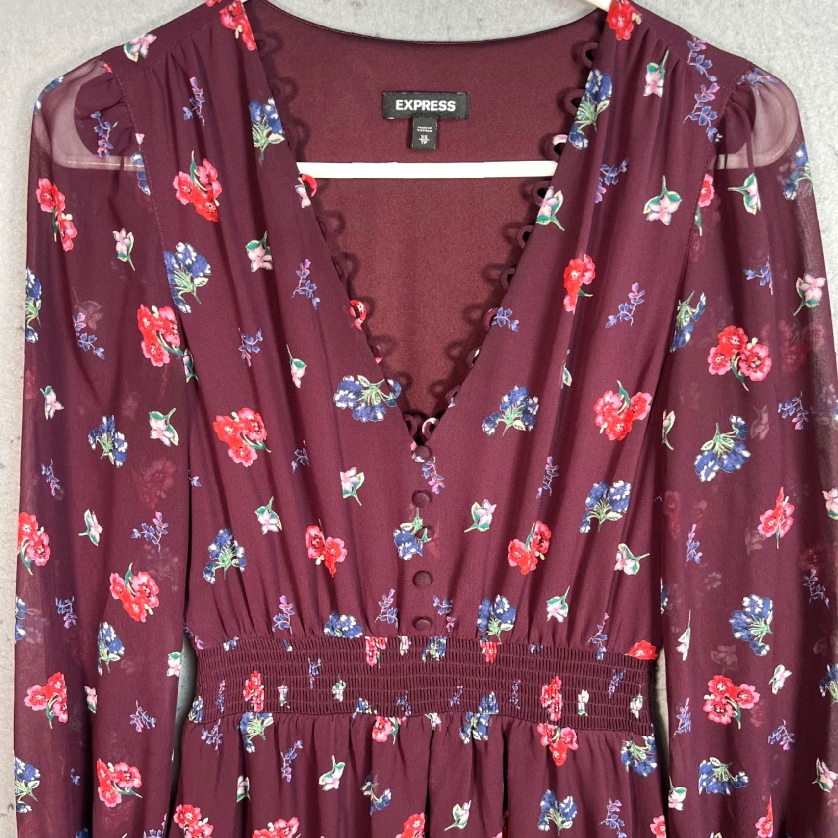 Express VINTAGE Express Floral Burgundy Long Sleeve V-Neck Dress Womens XS Shirt Size XS / US 0-2 / IT 36-38 - 5 Thumbnail