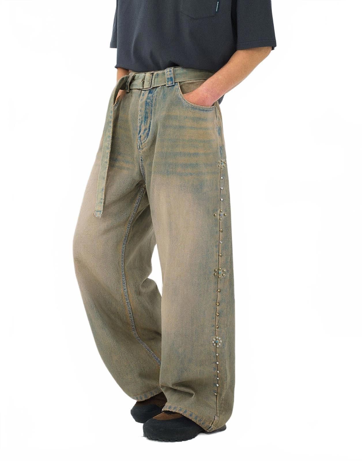 Japanese Brand Beige Wide Leg Denim Jeans with Studded Side Details Size US 32 / EU 48 - 1 Thumbnail
