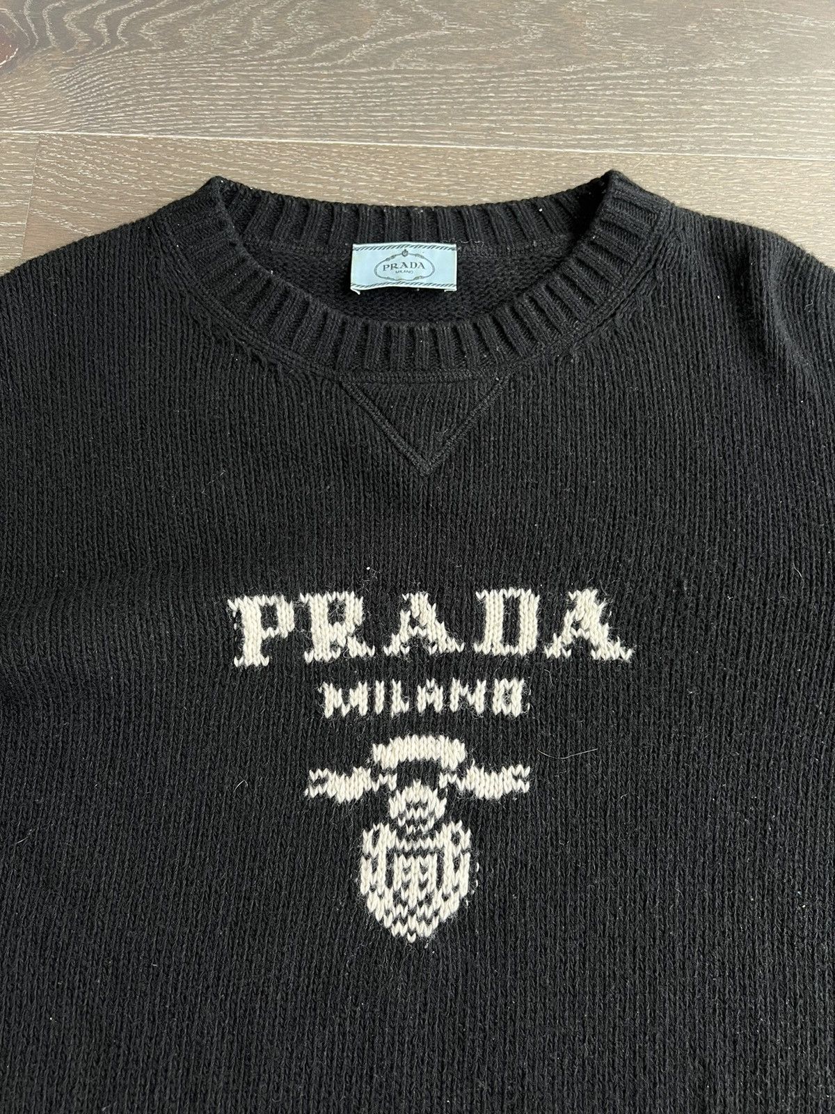 image of Prada Cashmere/wool Knit Triangle Logo Crewneck in Black, Men's (Size Small)