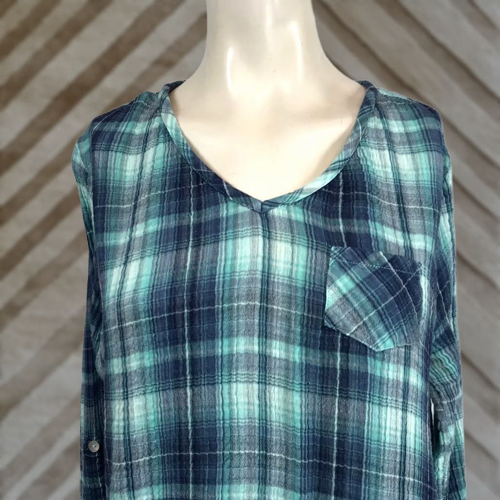 Soft Surroundings Soft Surroundings Plaid Tunic Long Sleeve V-Neck Pocket Blouse Women's L Blue Size L / US 10 / IT 46 - 1 Thumbnail