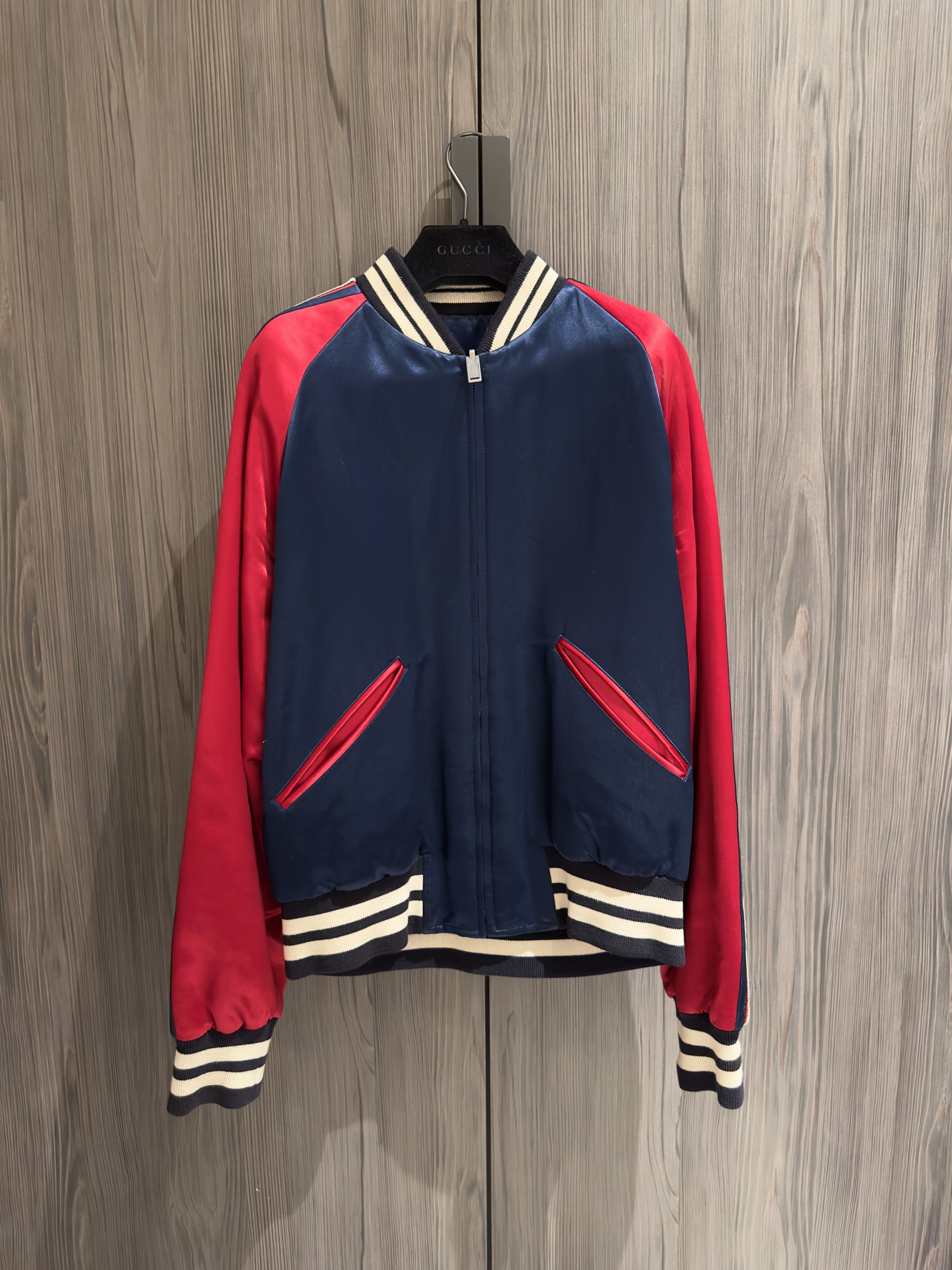 Image of Gucci Reversible Bomber in Blue/Red, Men's (Size Small)