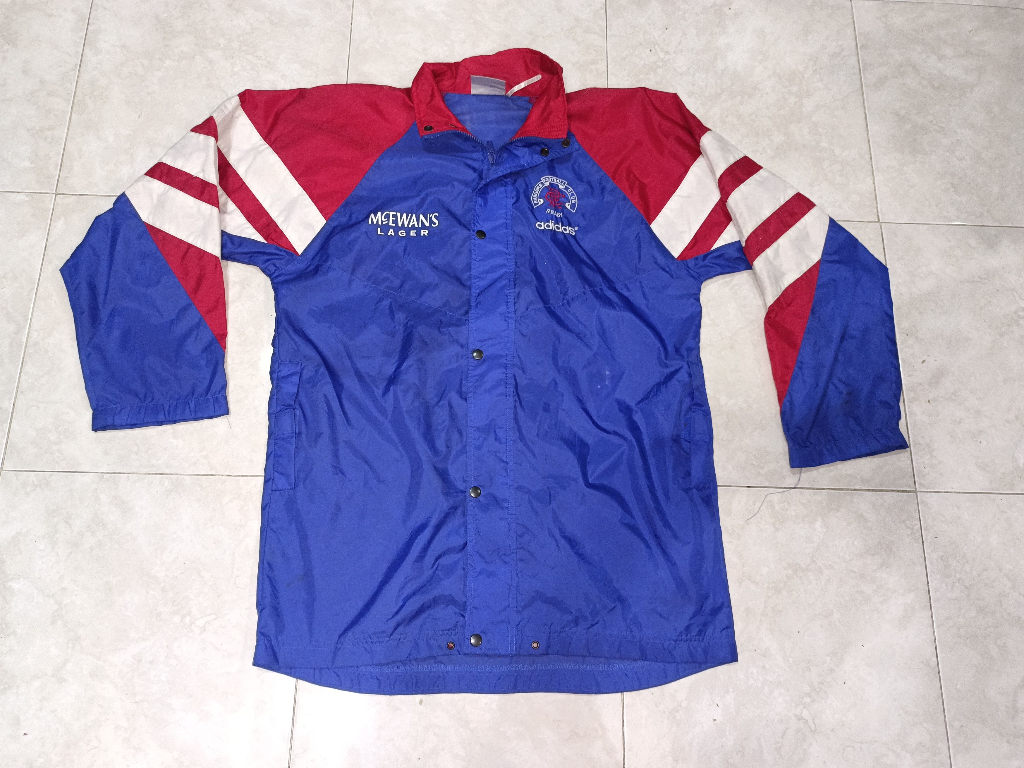 image of Vintage Adidas Glasgow Rangers 92 94 Football Jacket in Blue White Red, Men's (Size XL)