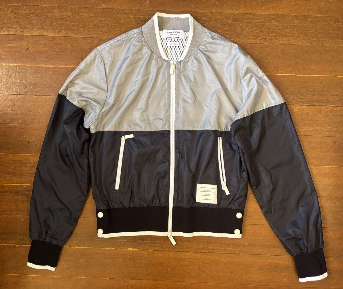 image of Thom Browne - Colour-Block Ripstop Bomber Jacket in Blue/Grey, Women's (Size Medium)