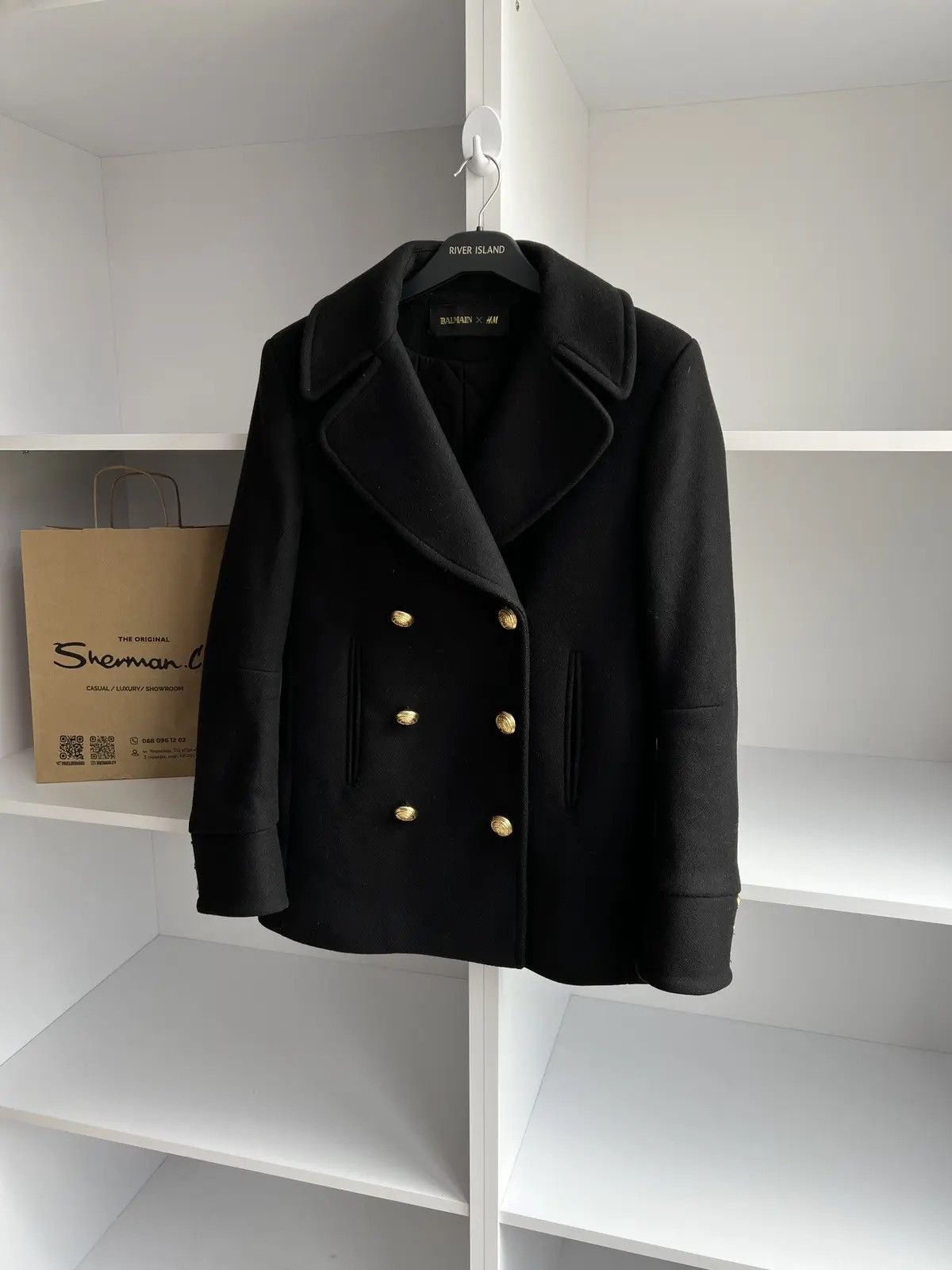 Balmain × Designer × Vintage Vintage Balmain x H&M Black Double Breasted Wool Coat Womens Size S / US 4 / IT 40 - 2 Thumbnail