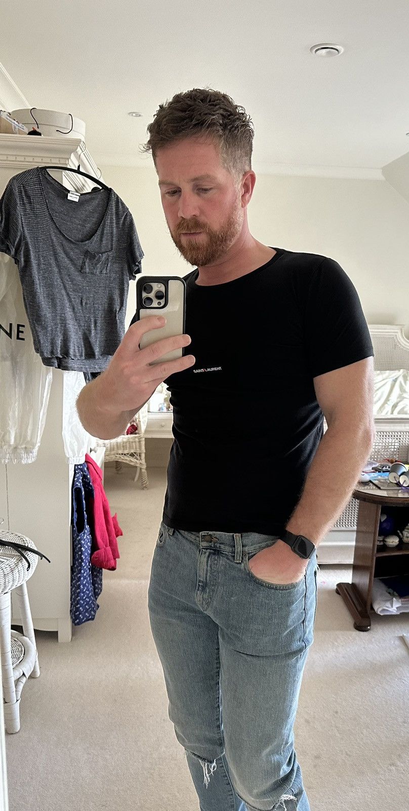 Saint Laurent Paris $550 Saint Laurent Rive Gauche black logo t shirt L Size US L / EU 52-54 / 3 - 4 Thumbnail