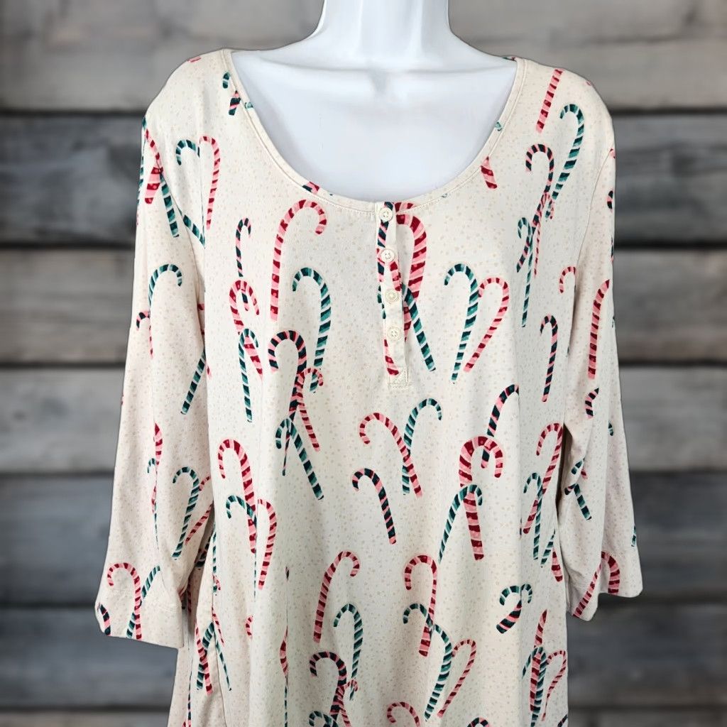 Vintage Soma Gown Womens Sz XL Red Green Candy Canes Cotton Blend 3/4 Sleeve Size ONE SIZE - 1 Thumbnail