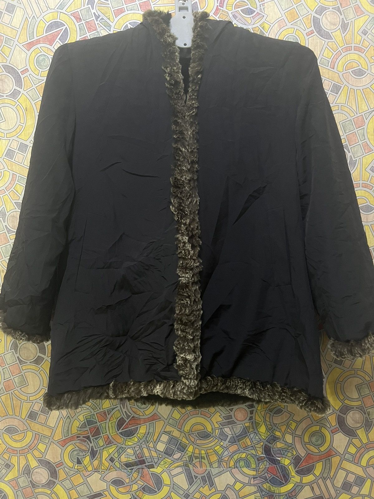 Leather Furugi USED vintage 100% silk rabbit fur reversible jacket Size US L / EU 52-54 / 3 - 11 Thumbnail