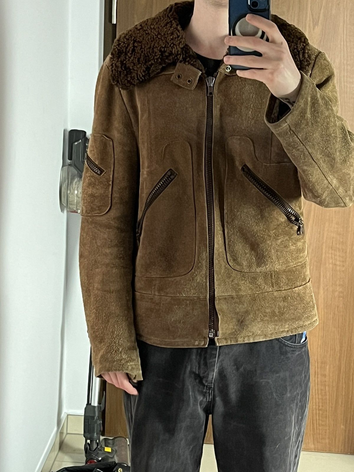 Genuine Leather ➕ 80s vintage suede faded flyer shearling jacket aviator Size US L / EU 52-54 / 3 - 12 Thumbnail