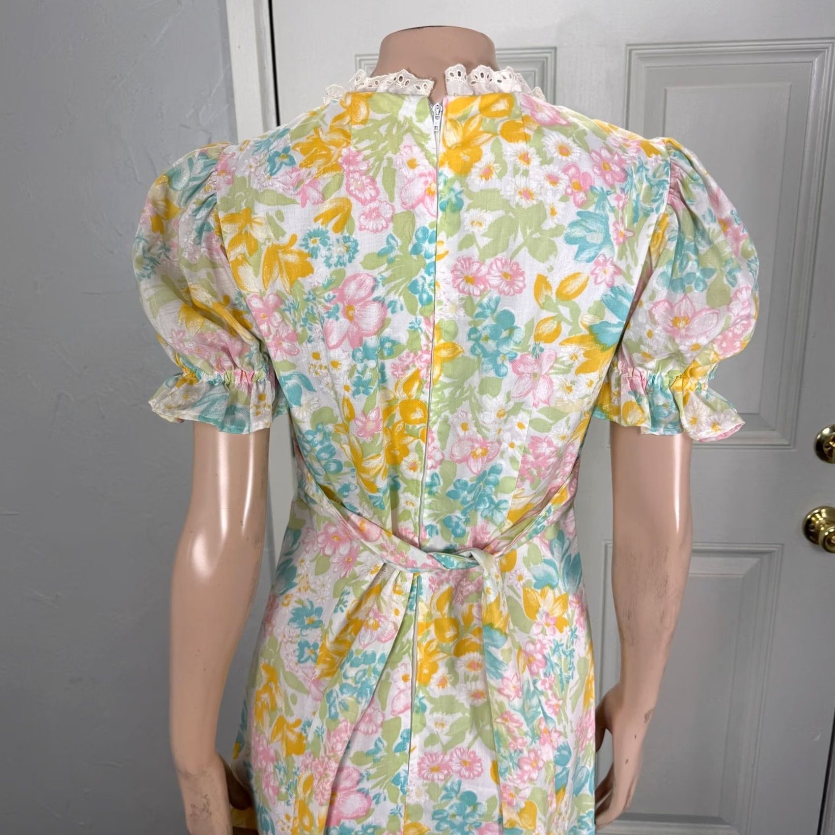 Vintage VINTAGE Handmade Women's Dress Floral Cotton Prairie Lace Cottage 70s Tea Dress Bohemian Yellow One Size Regular Dress Women Size ONE SIZE - 5 Thumbnail
