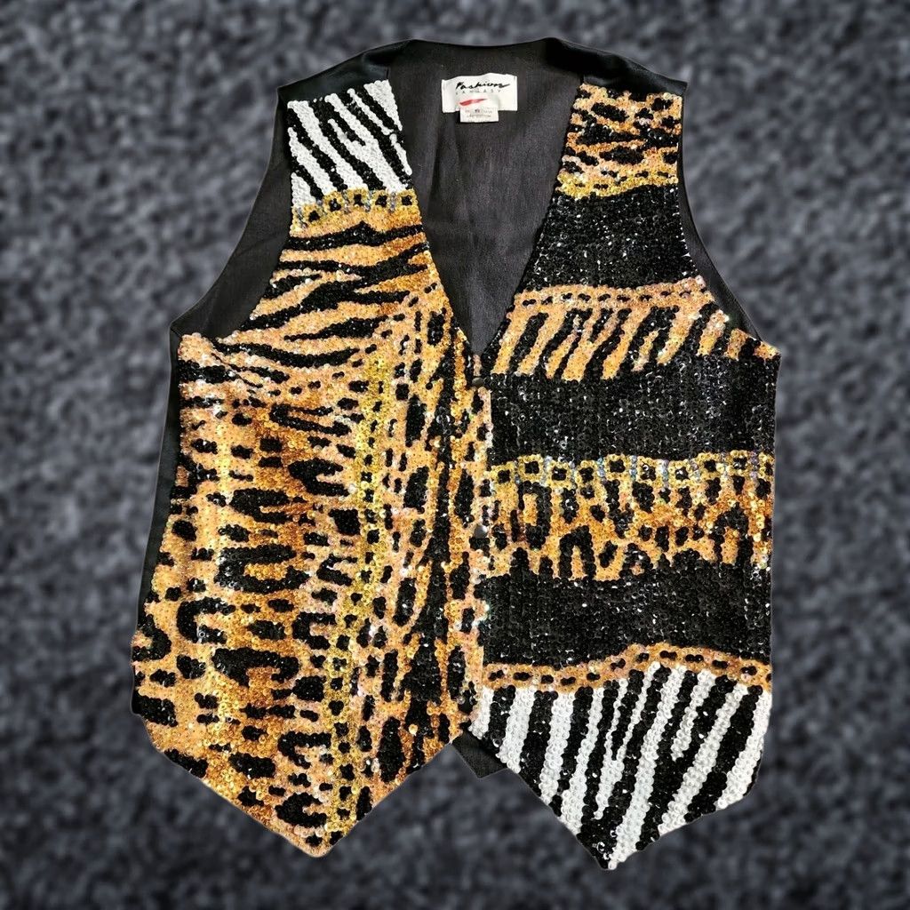 Vintage VINTAGE Fashion Fantasy Vest S Zebra Leopard Sequin Beaded Animal Print Party 1990s Black Womens Size S / US 4 / IT 40 - 1 Thumbnail