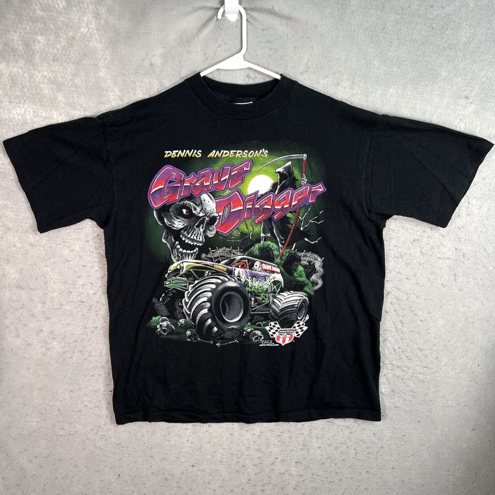 Image of Vintage 90's Grave Digger Monster Truck Racing T Shirt Adult XL Black Mens in White