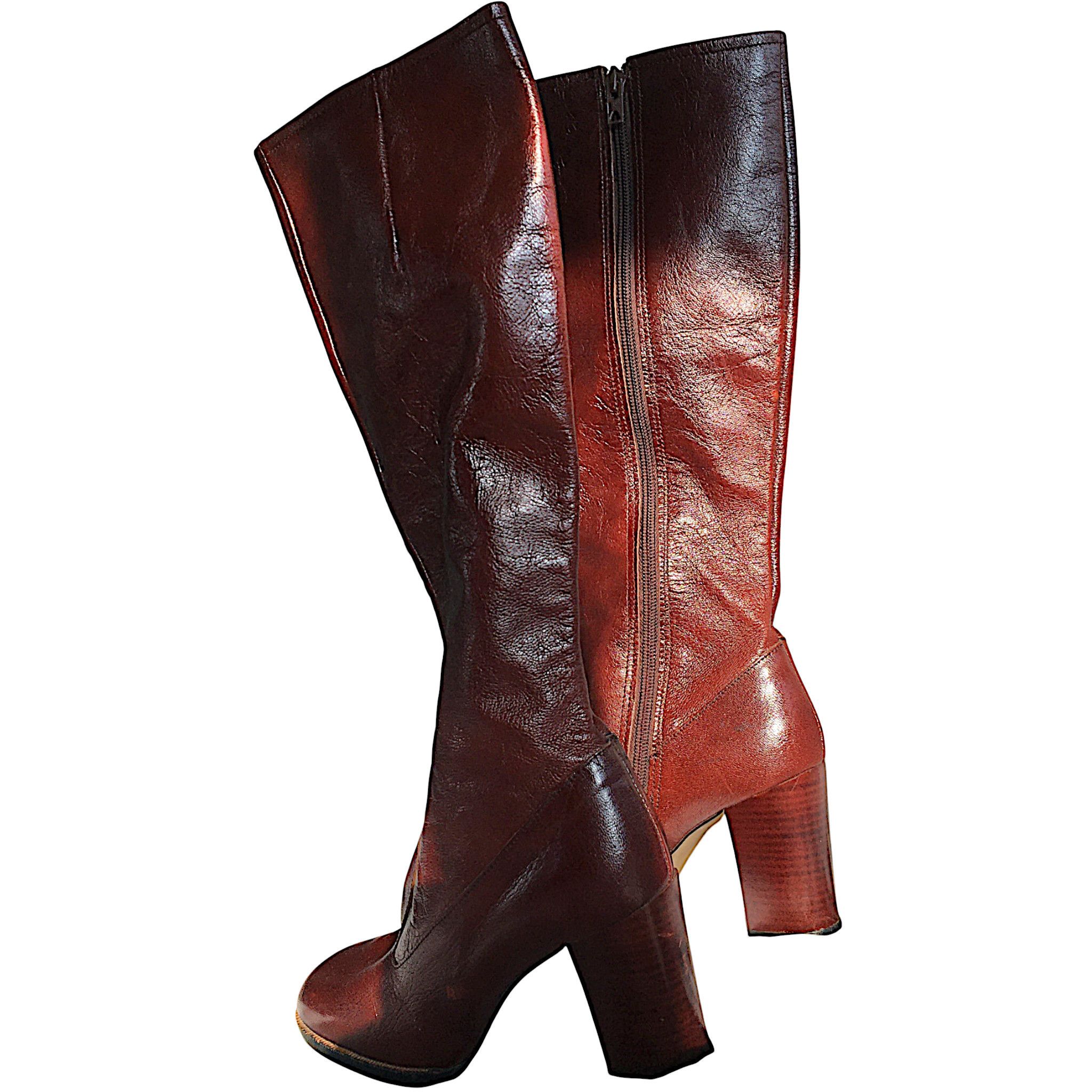 Vintage Burgundy Leather Boots - High Block Heel - France 70s Size US 6 / IT 36 - 9 Thumbnail