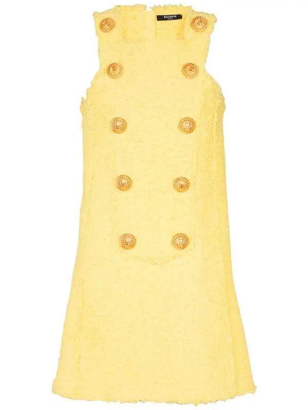 Balmain o1s1wg110825 Button Embellished Tweed Mini Dress in Yellow Size L / US 10 / IT 46 - 1 Thumbnail