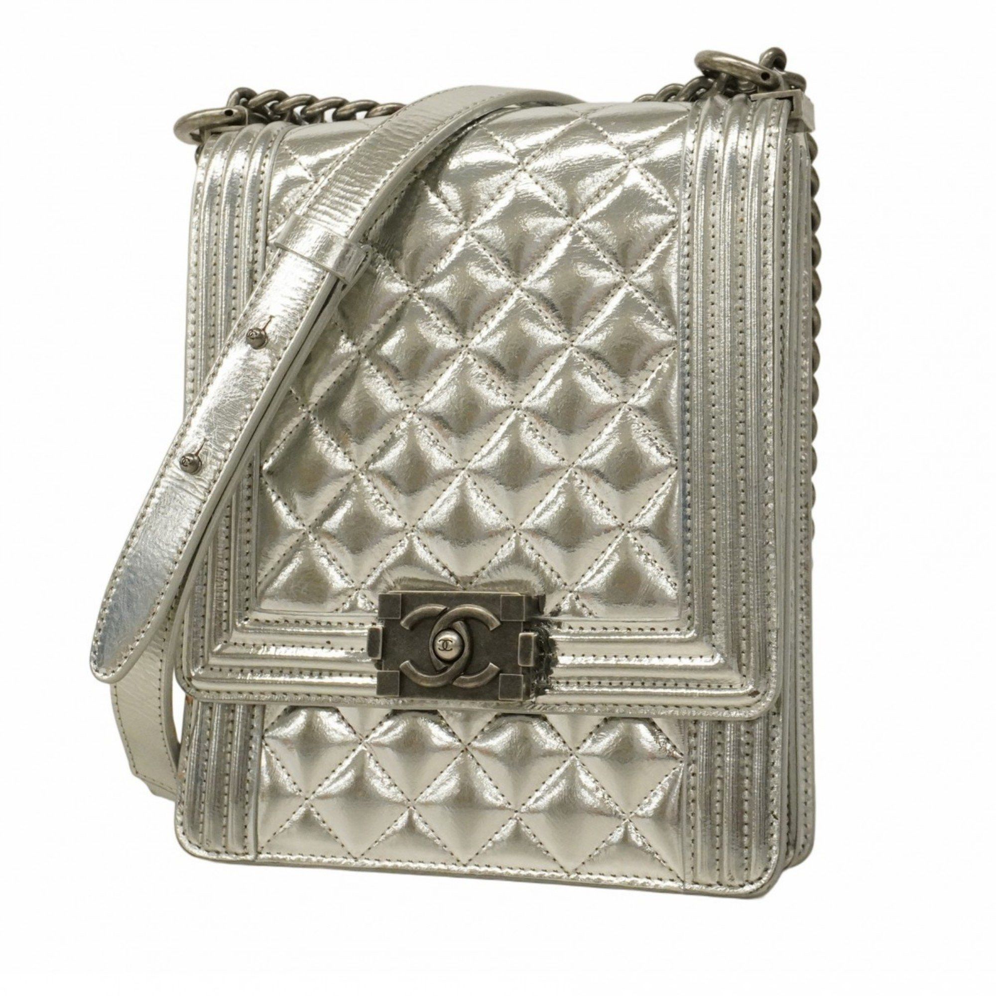 Chanel Shoulder Bag Boy Chain Lambskin Silver Women's