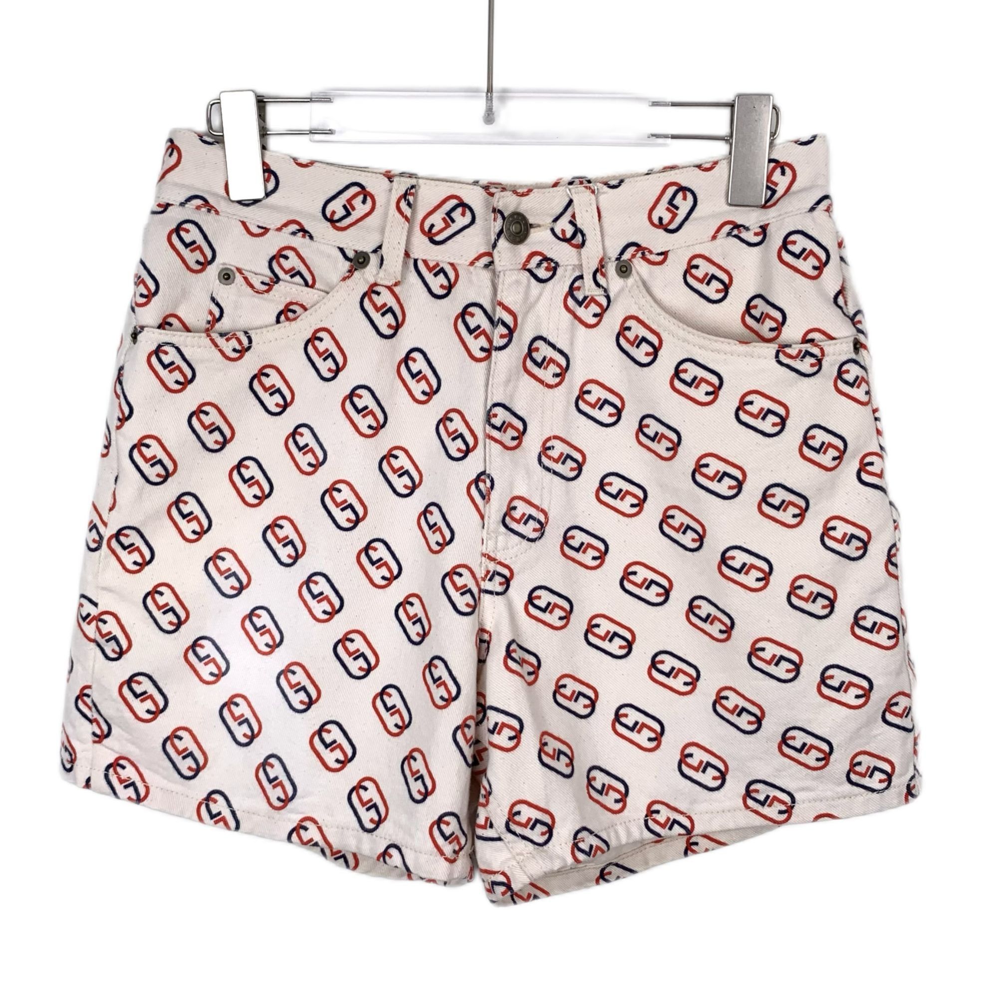 Gucci H9322 Gucci Womens Ivory Logo Print Denim Shorts Cotton Blen Size 32" / US 10 / IT 46 - 1 Thumbnail