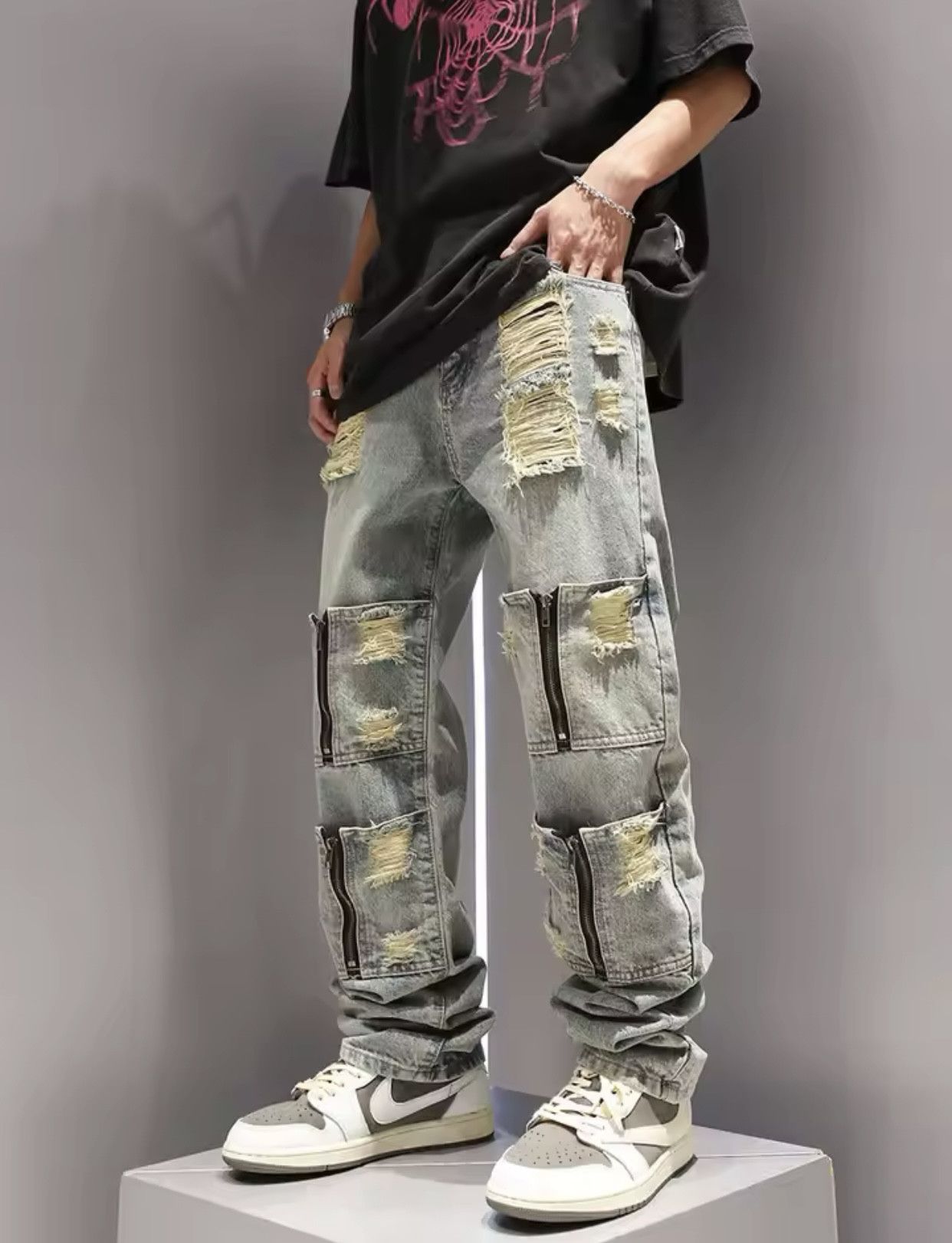 Multi Zipper Pocket Washed and Perforated Jeans