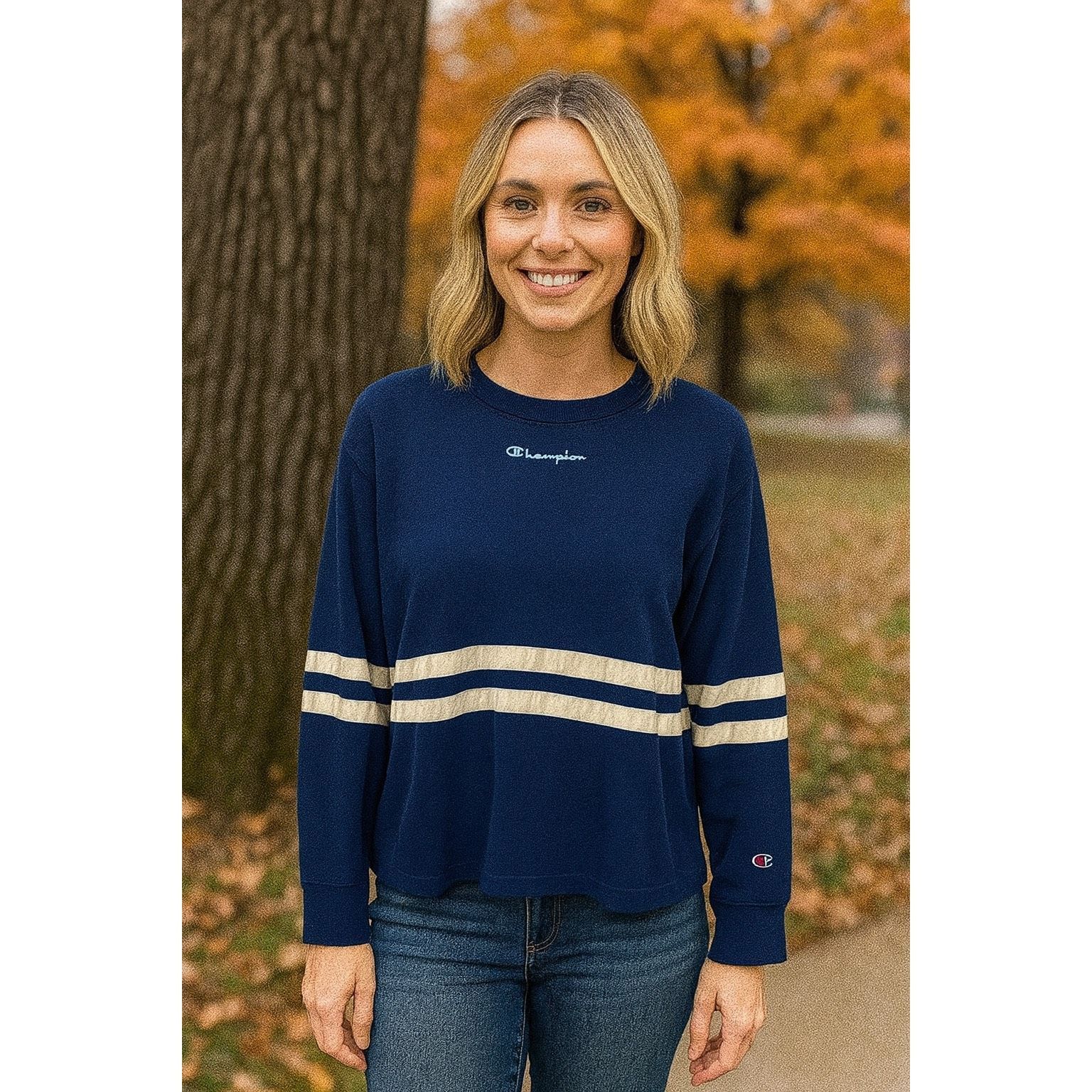 Champion Champion Navy Blue Striped Long Sleeve Athletic Top | Size M Size M / US 6-8 / IT 42-44 - 2 Thumbnail