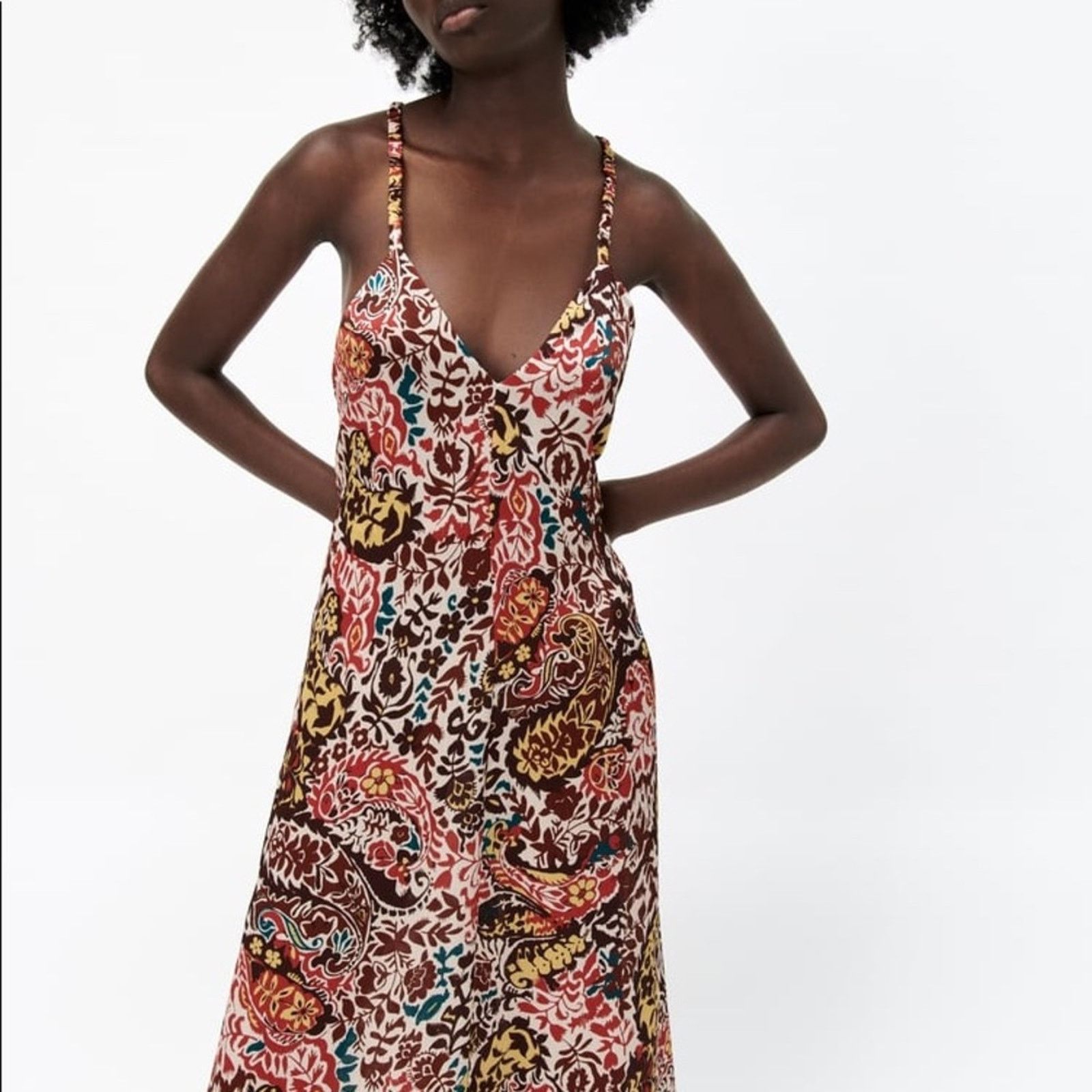 Zara ZARA BLOGGER FAVORITE PRINT DRESS BORDEAUX / ECRU Size XS / US 0-2 / IT 36-38 - 9 Thumbnail