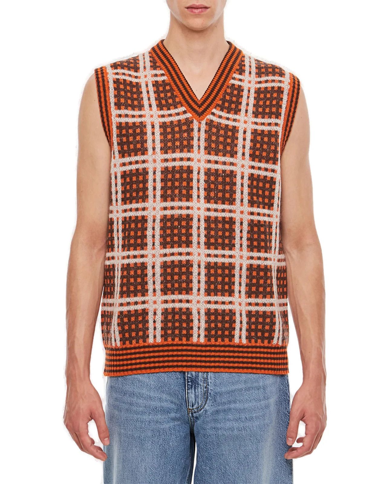 image of Marni Os11X0124 Plaid V-Neck Sweater Vest In Lobster, Men's (Size Small)